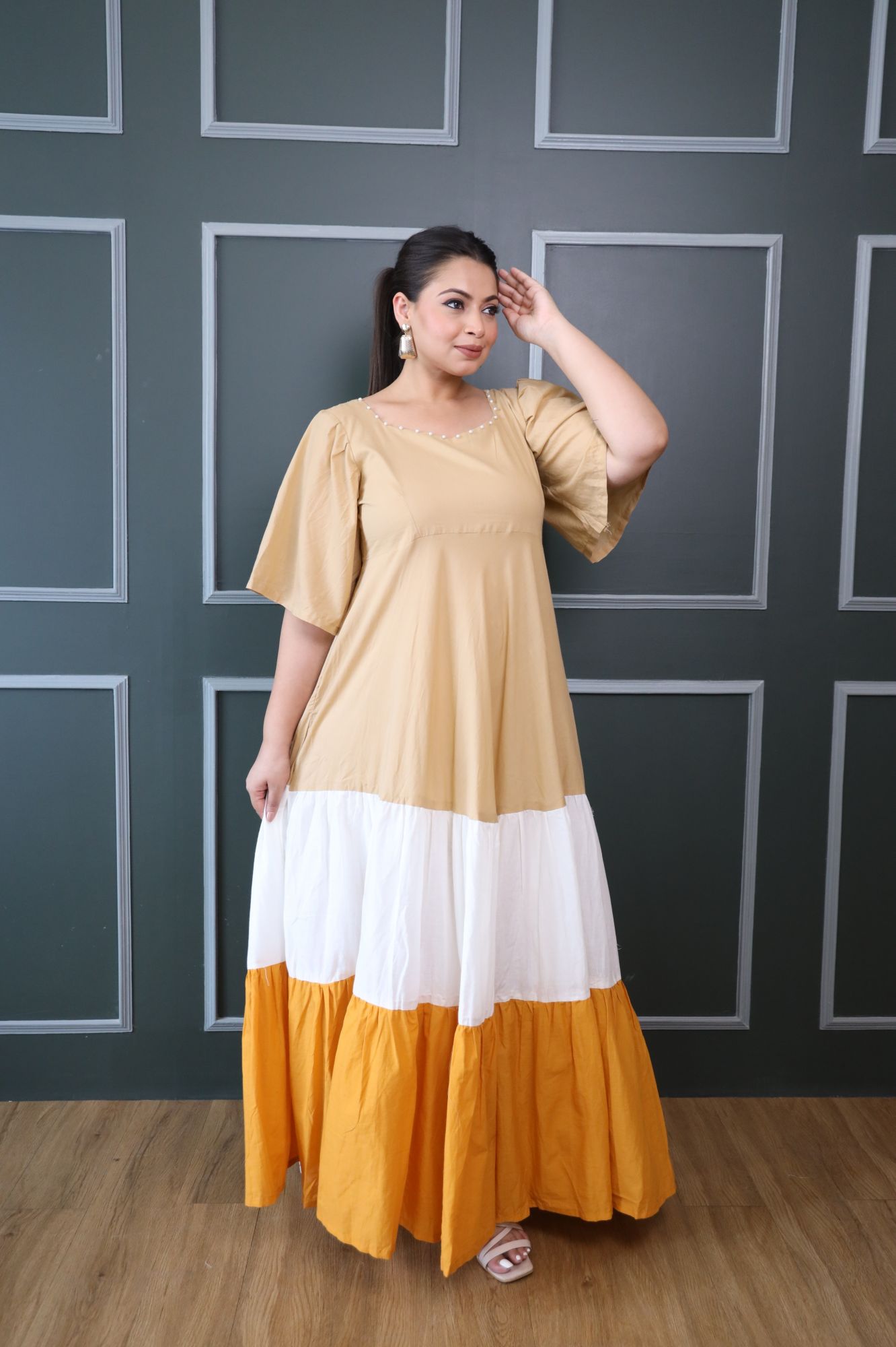 Beige White and Mustard Cotton Tiered Dress