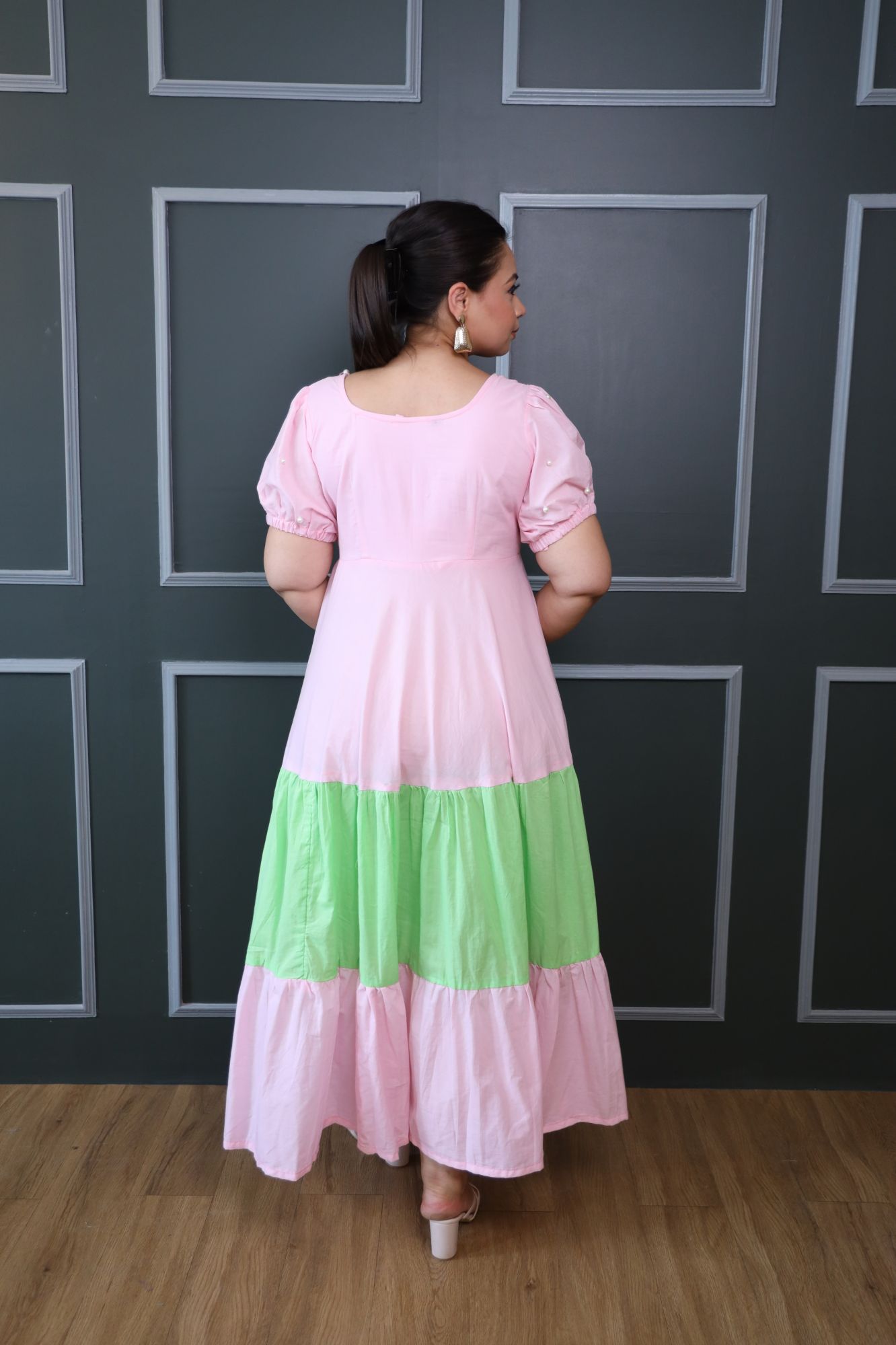 Baby Pink And Green Cotton Tiered Dress