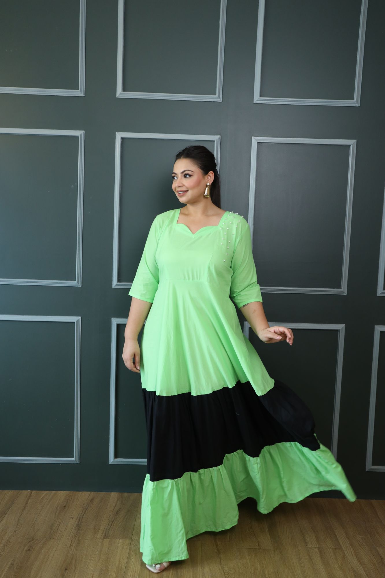 Green And Black Cotton Tiered Dress