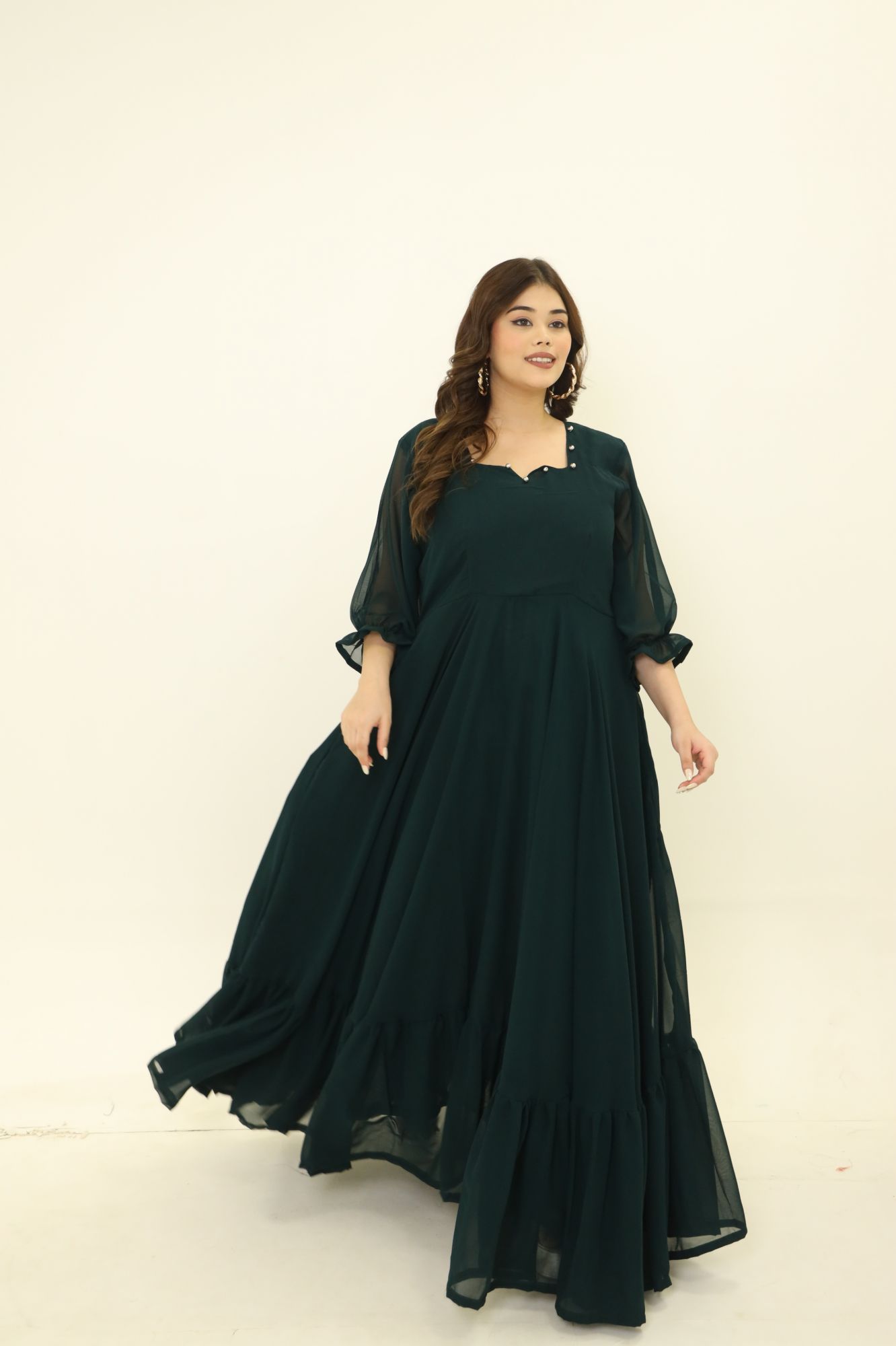 Bottle Green Frill Georgette Dress