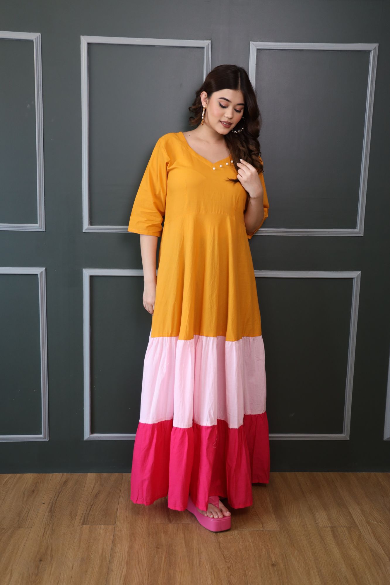 Mustard Pink And Rani Cotton Tiered Dress