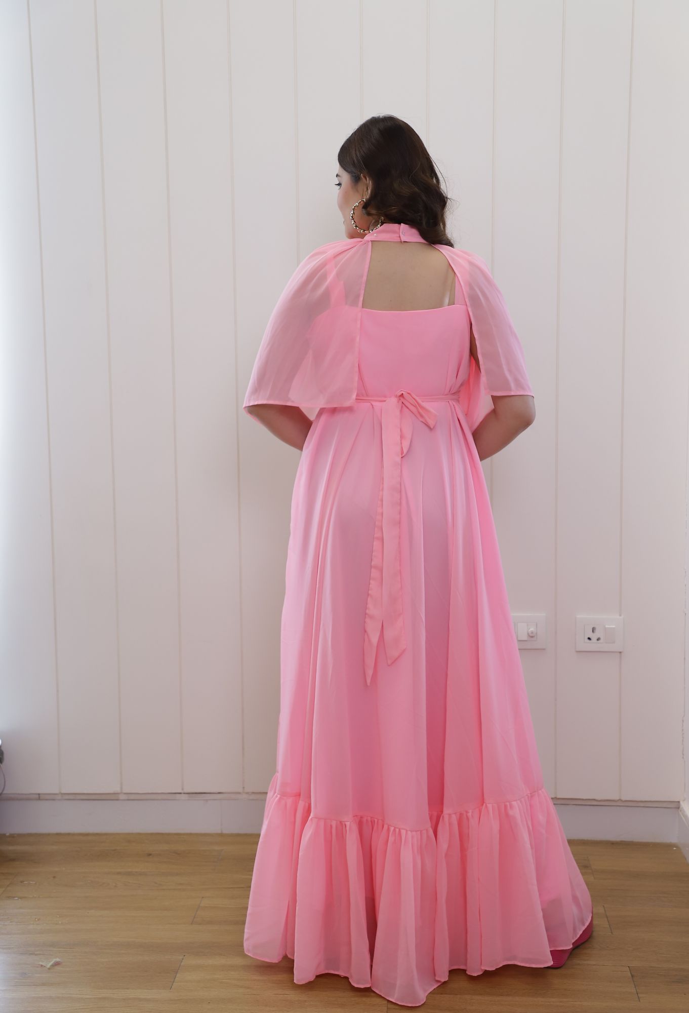 Baby Pink Georgette Dress With Cape