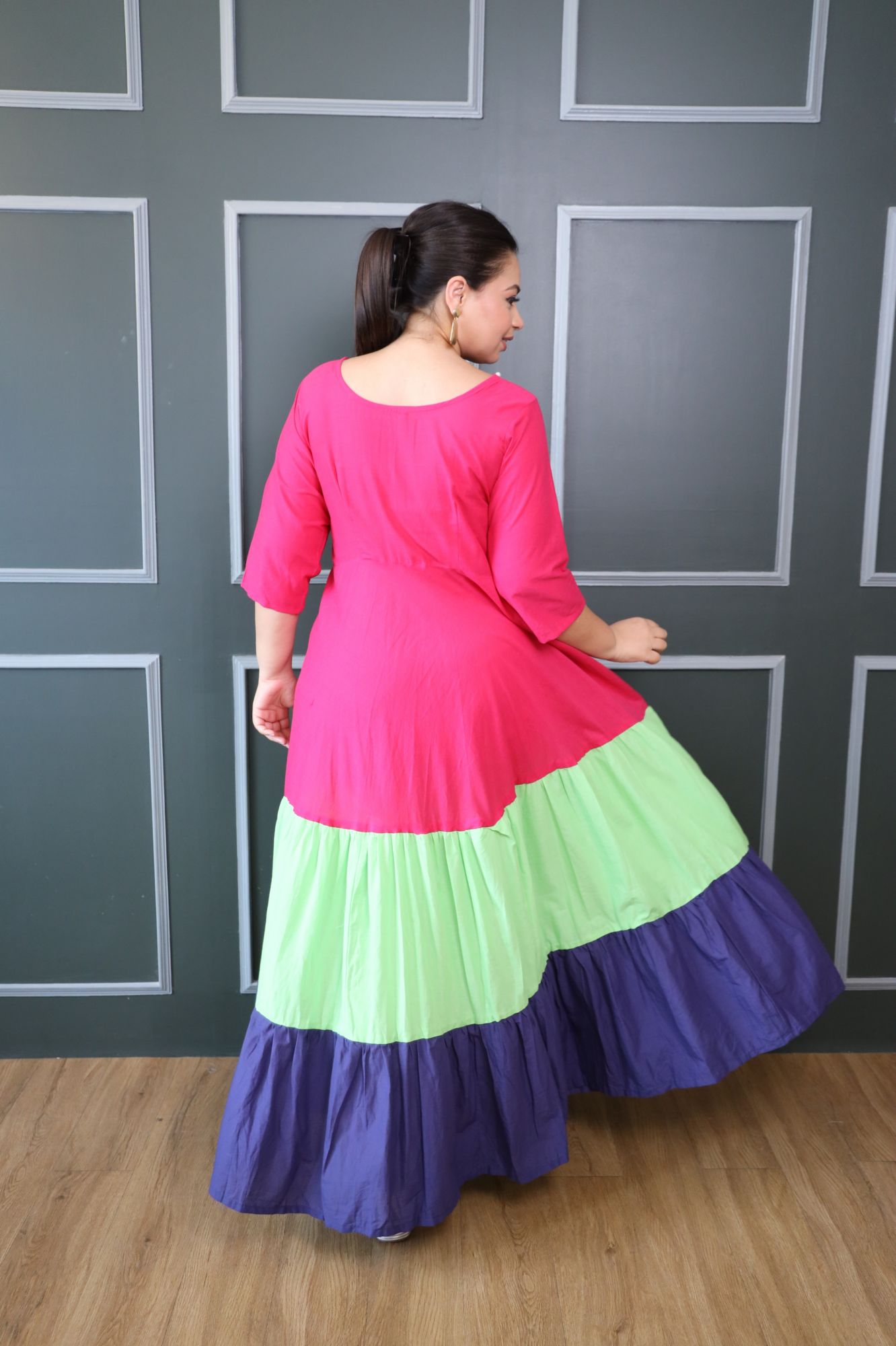 Pink Green And Purple Cotton Tiered Dress