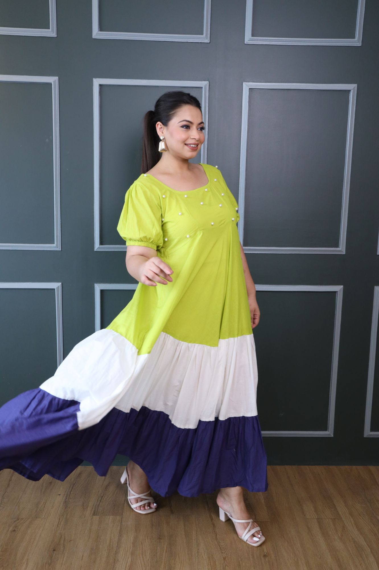 Green White And Purple Cotton Tiered Dress