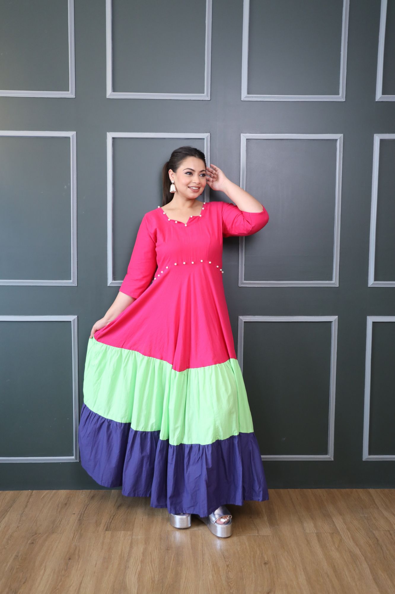 Pink Green And Purple Cotton Tiered Dress