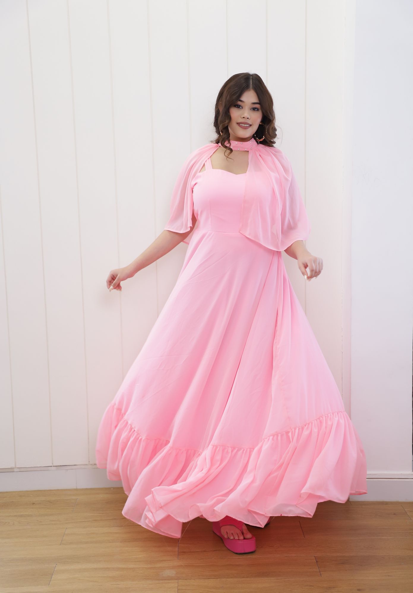 Baby Pink Georgette Dress With Cape