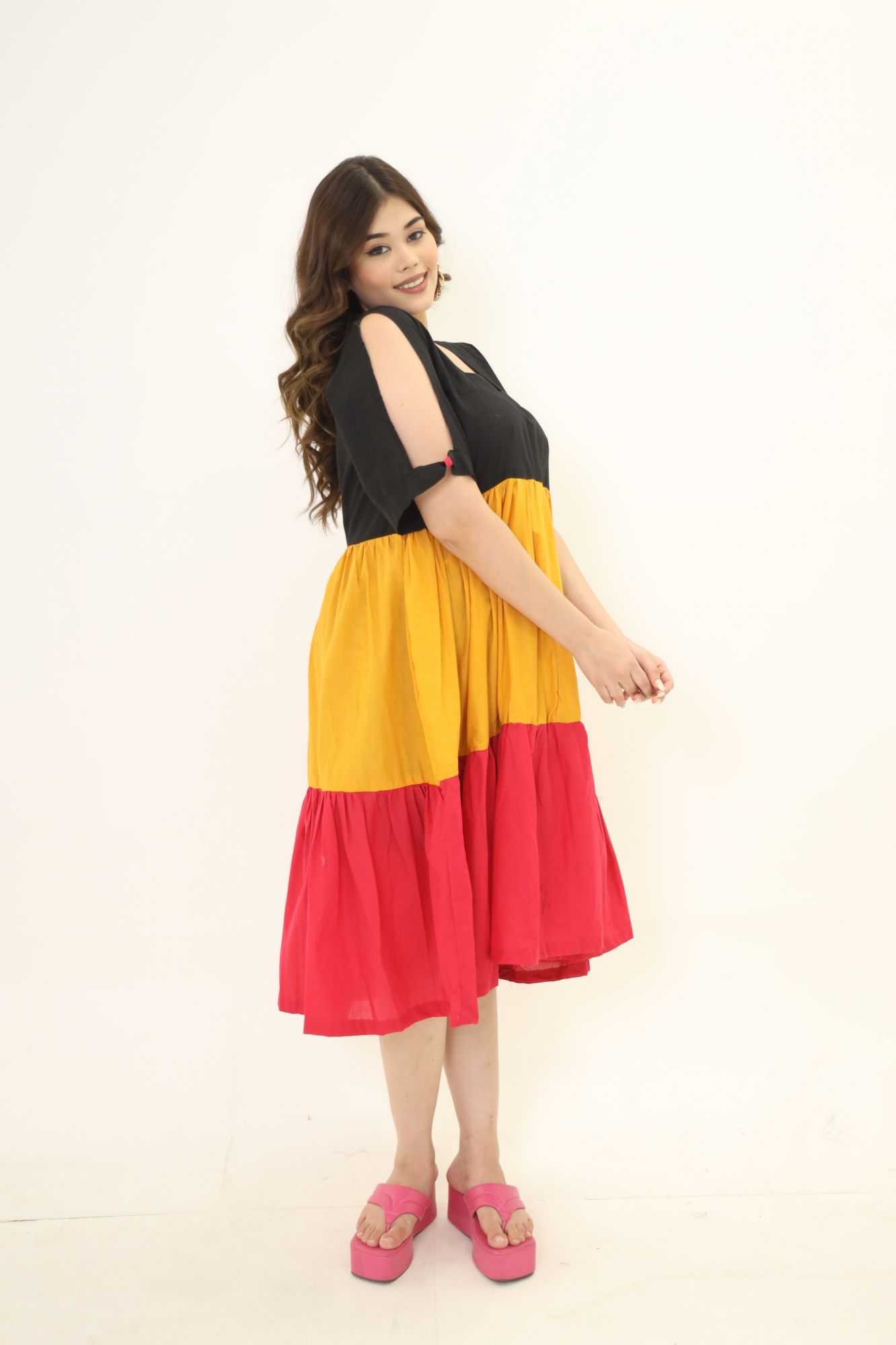 Black Mustard And Red Cotton Tiered Dress