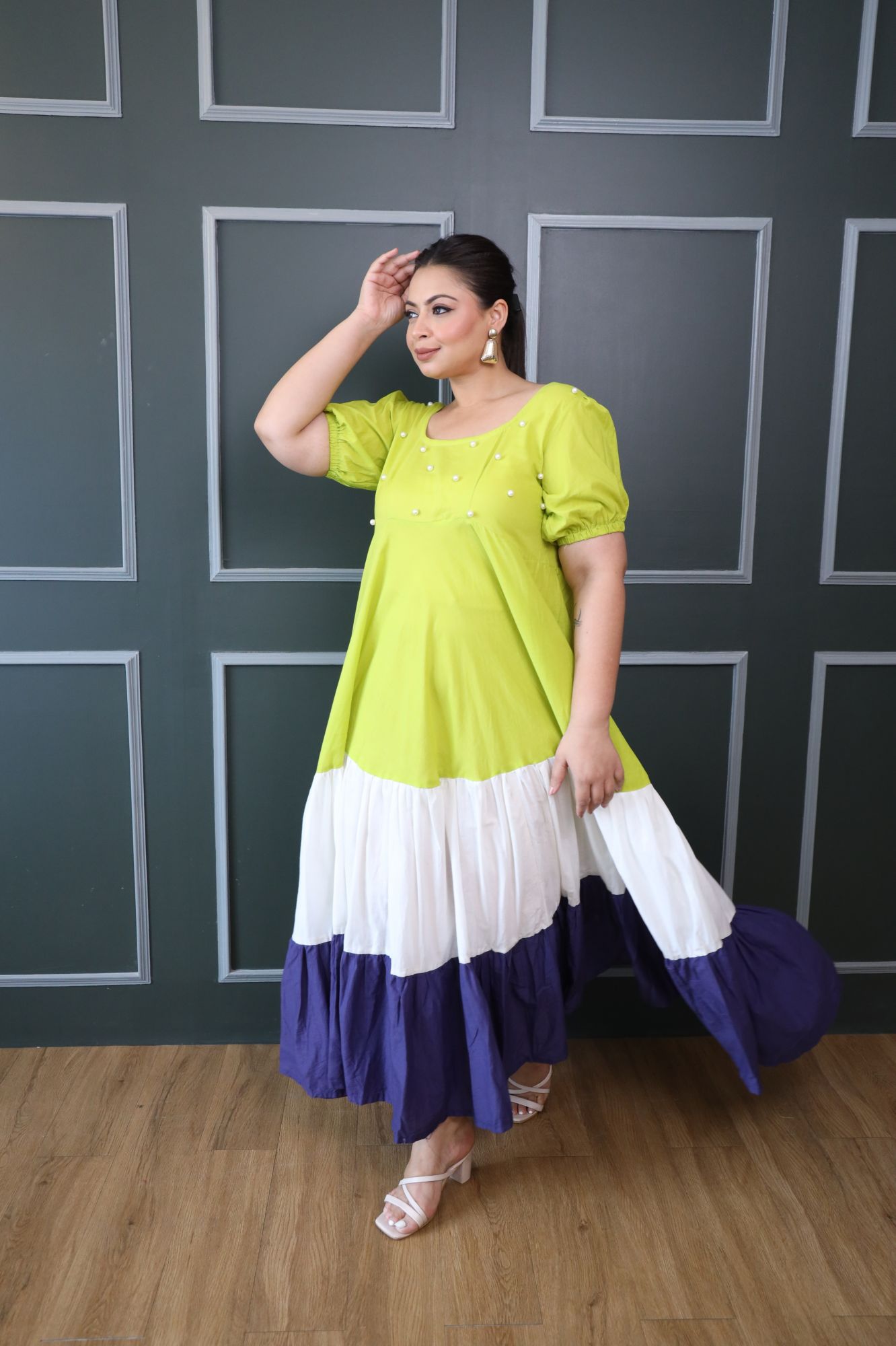 Green White And Purple Cotton Tiered Dress