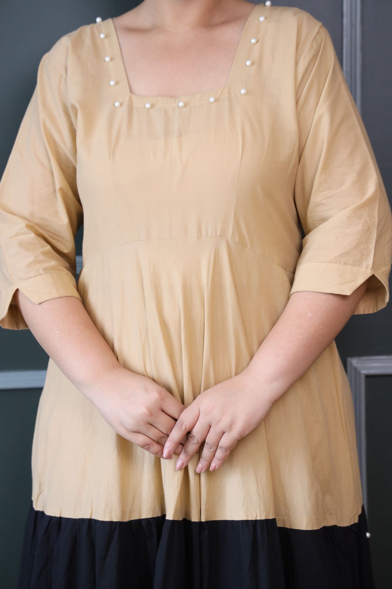 Beige And Black Cotton Tiered Dress