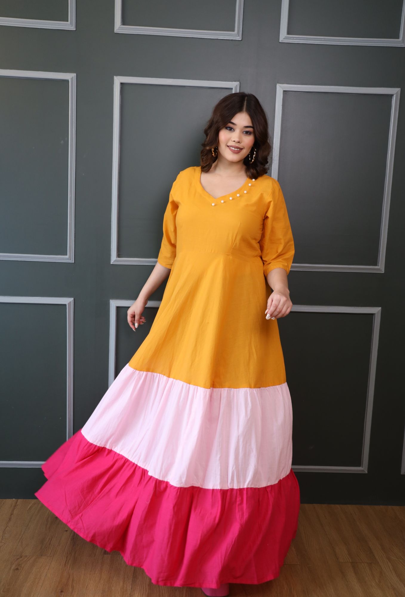 Mustard Pink And Rani Cotton Tiered Dress