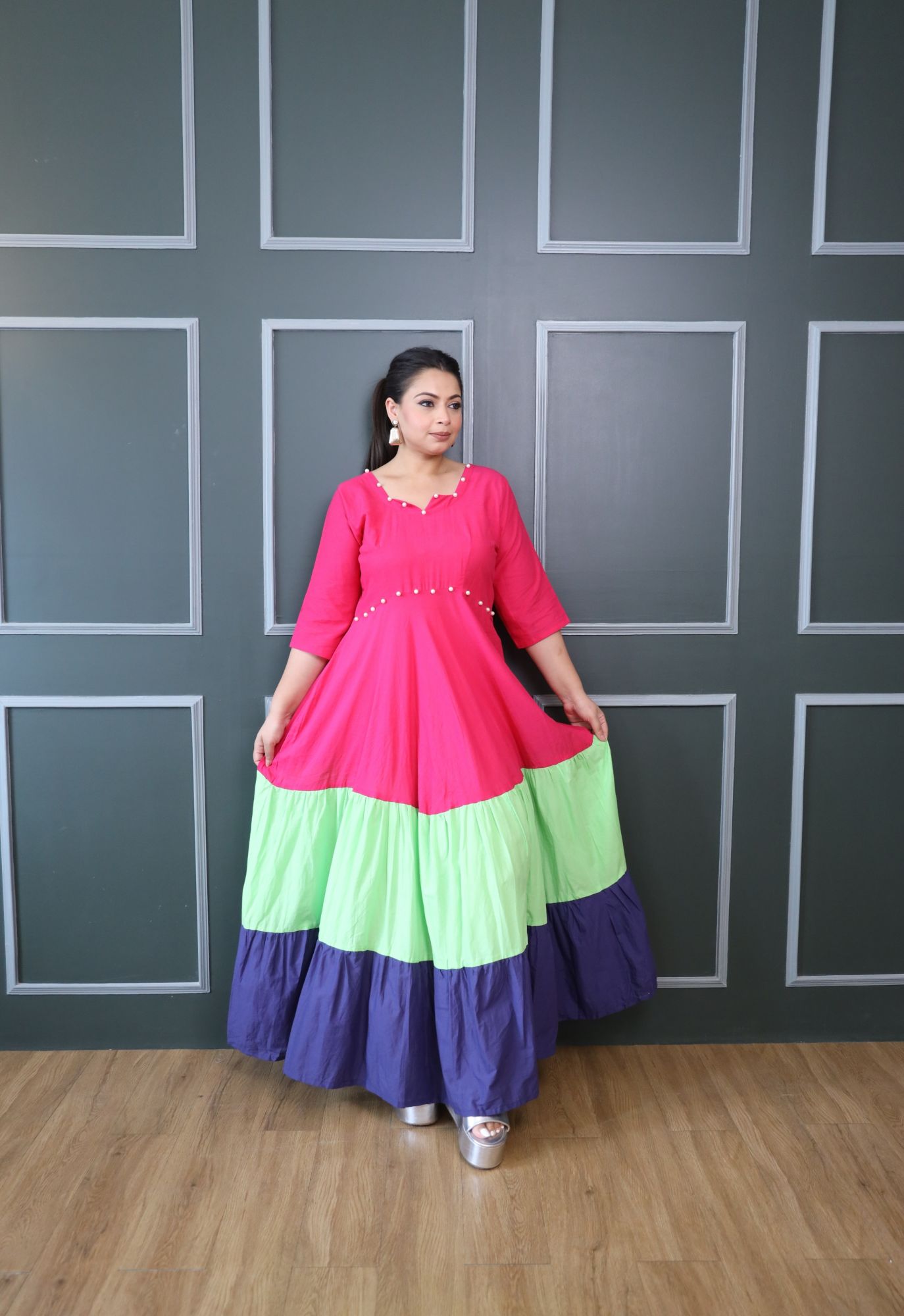 Pink Green And Purple Cotton Tiered Dress