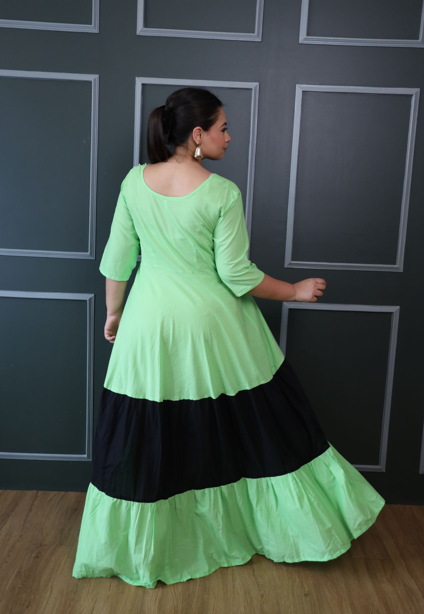 Green And Black Cotton Tiered Dress