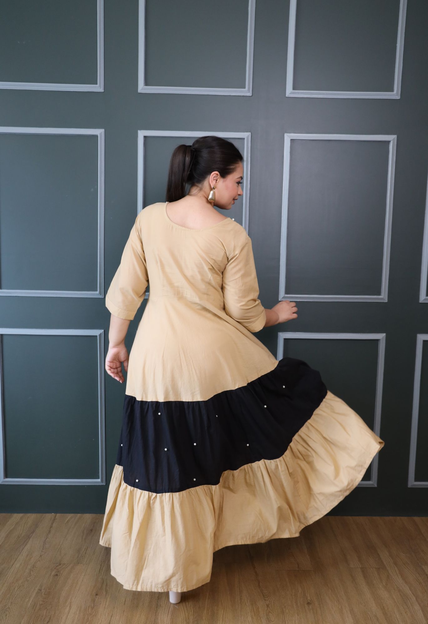 Beige And Black Cotton Tiered Dress
