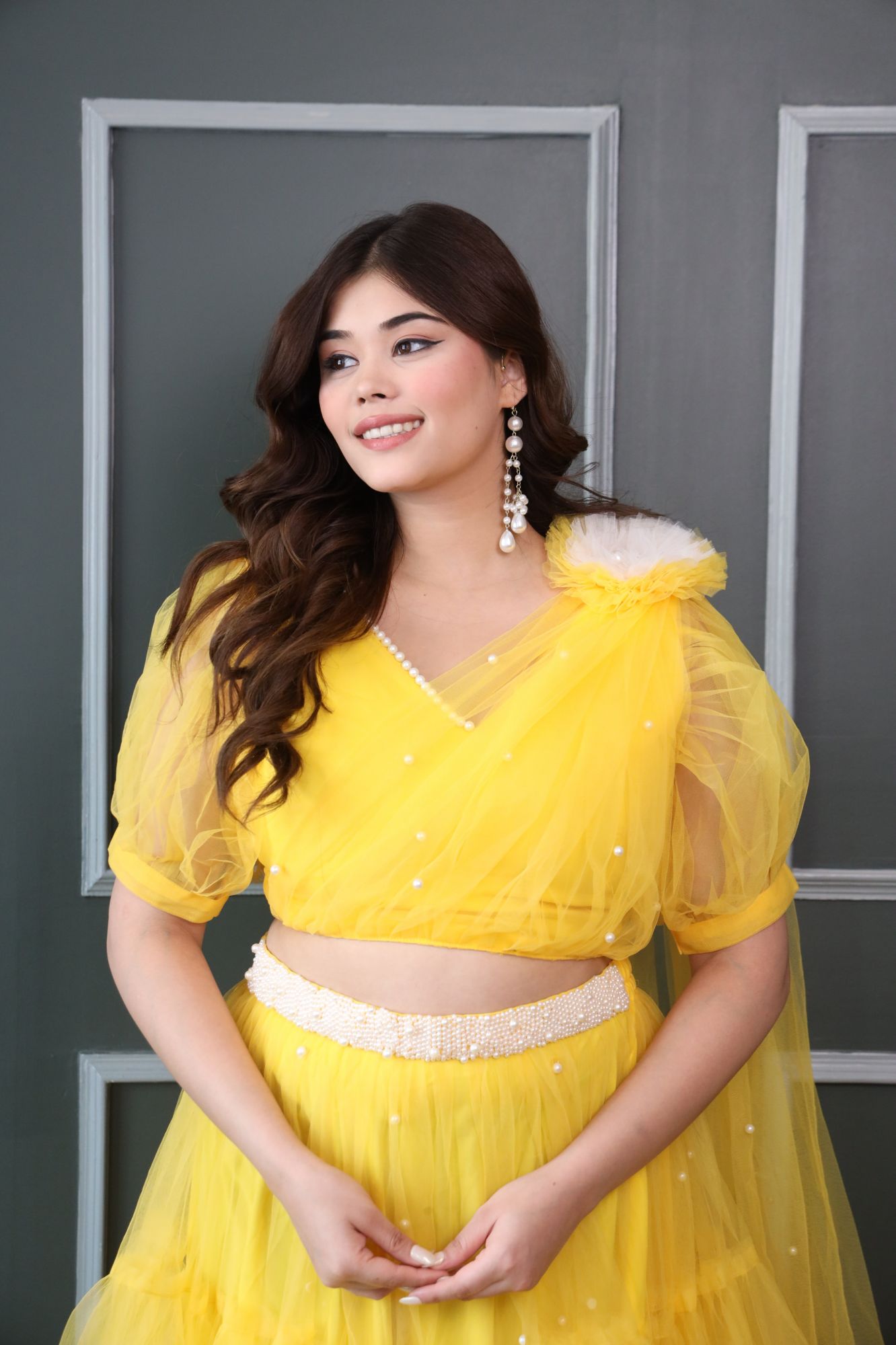 Zahra Pearl Yellow And White Lehenga Set