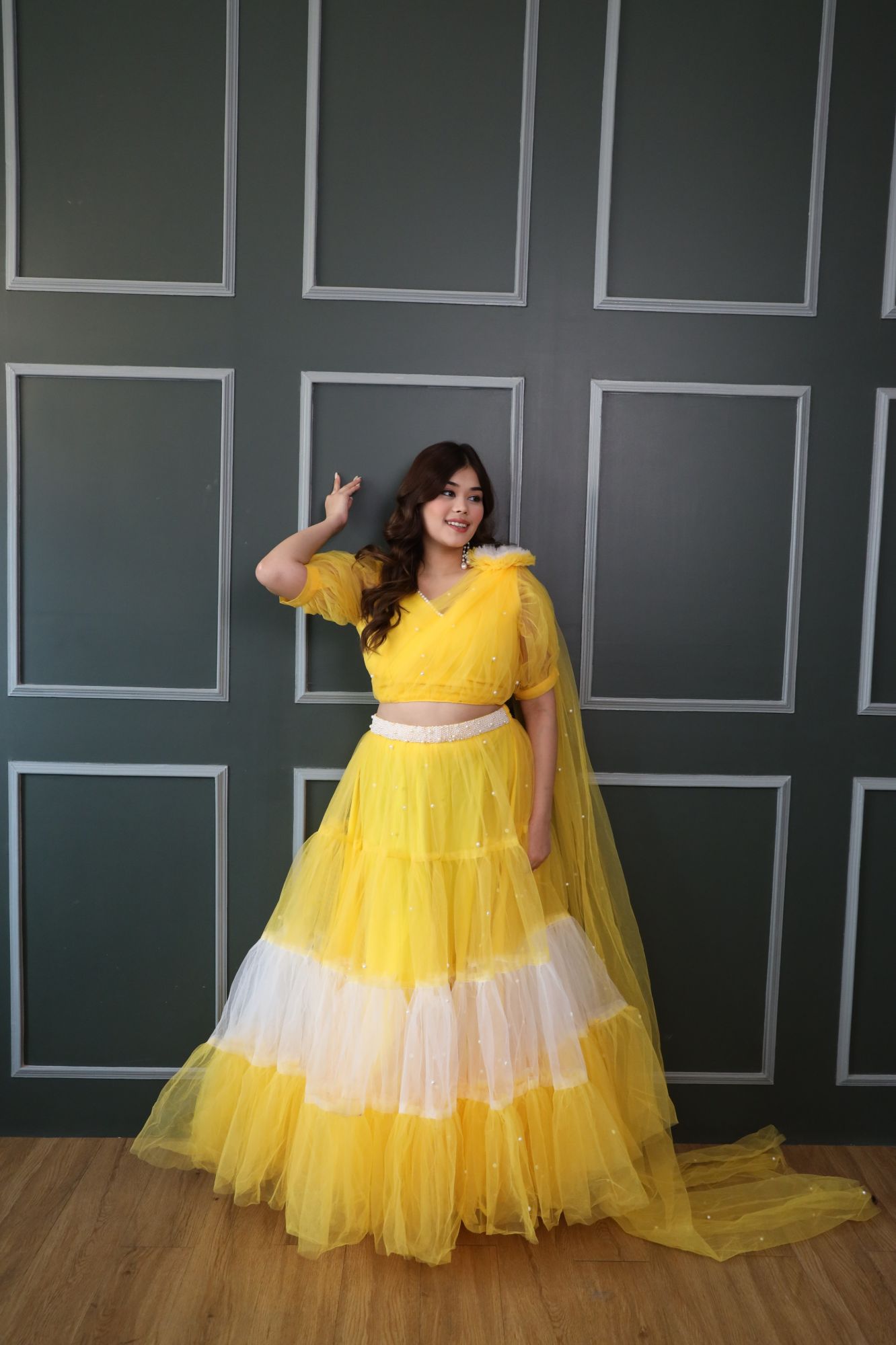 Zahra Pearl Yellow And White Lehenga Set