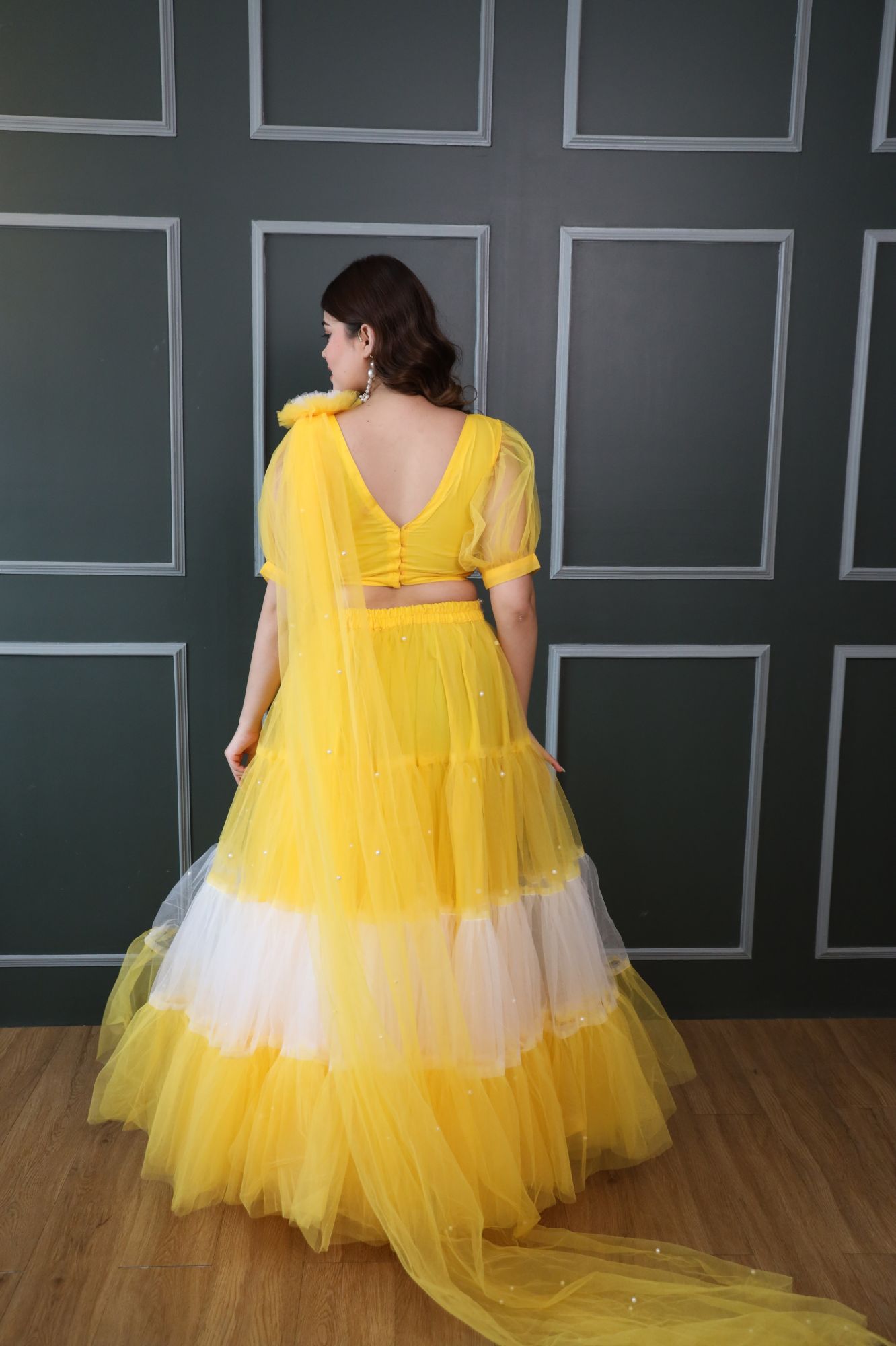 Zahra Pearl Yellow And White Lehenga Set