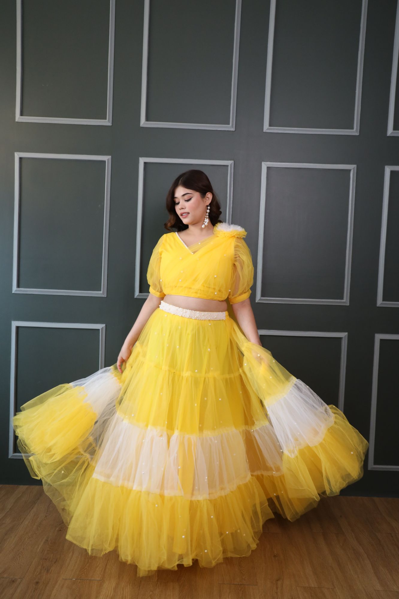 Zahra Pearl Yellow And White Lehenga Set