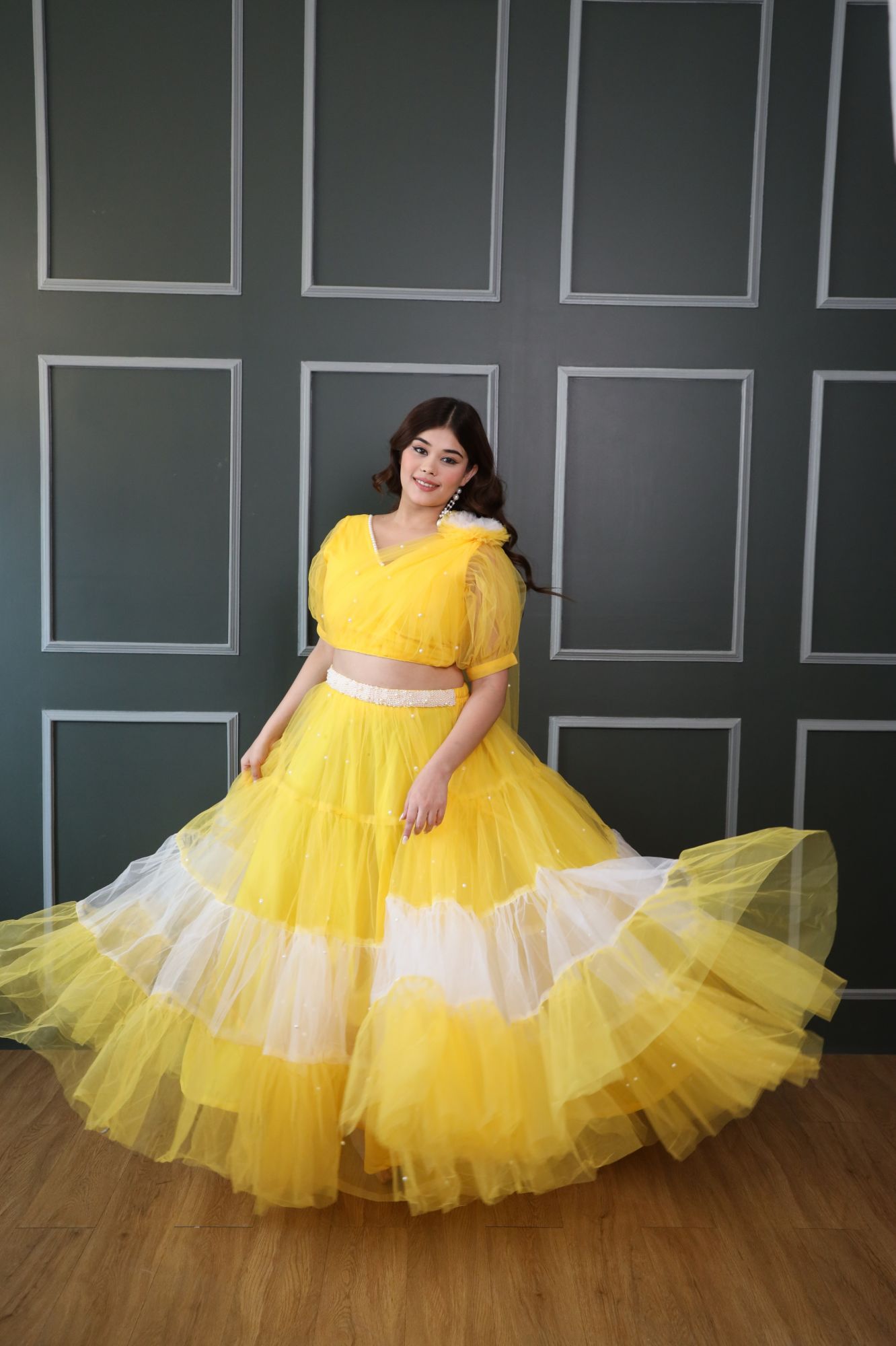 Zahra Pearl Yellow And White Lehenga Set