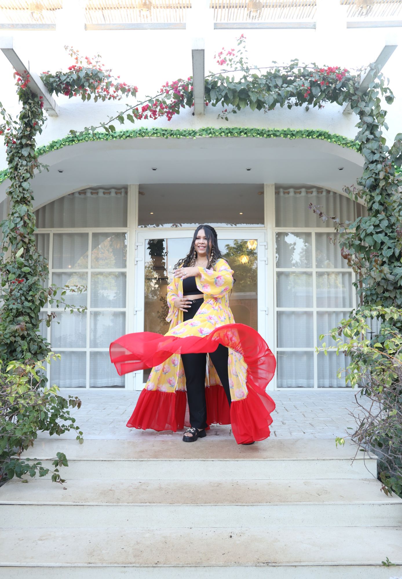 Yellow Lotus Printed Georgette Flared Shrug