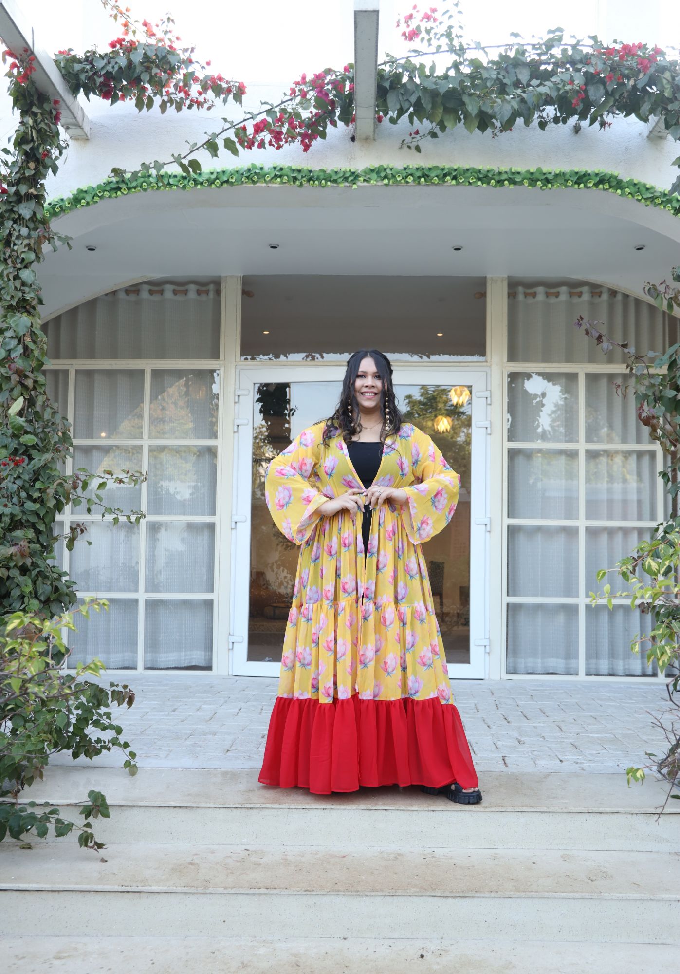 Yellow Lotus Printed Georgette Flared Shrug