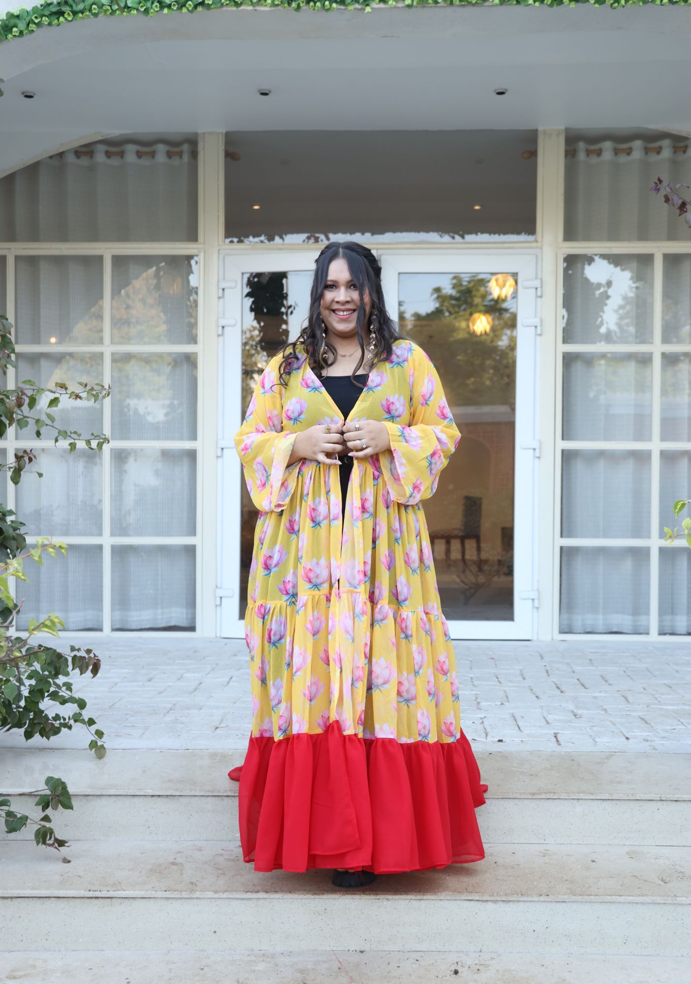 Yellow Lotus Printed Georgette Flared Shrug