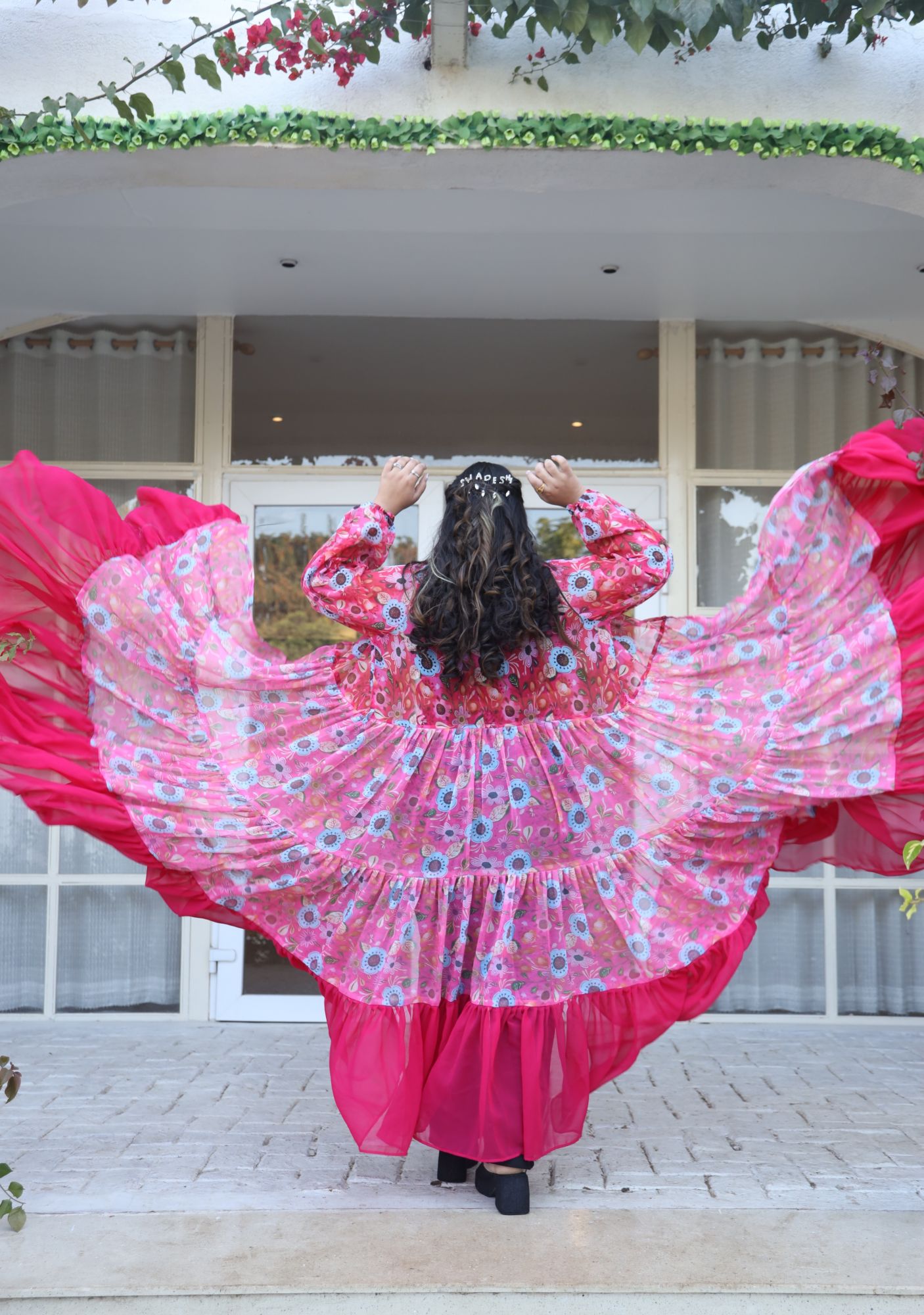 Cherry Red Floral Printed Georgette Flared Shrug
