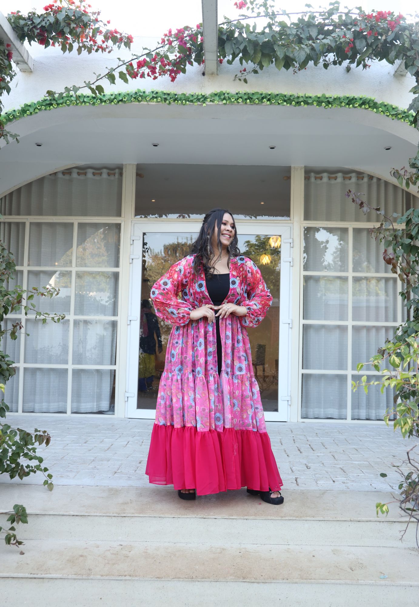 Cherry Red Floral Printed Georgette Flared Shrug