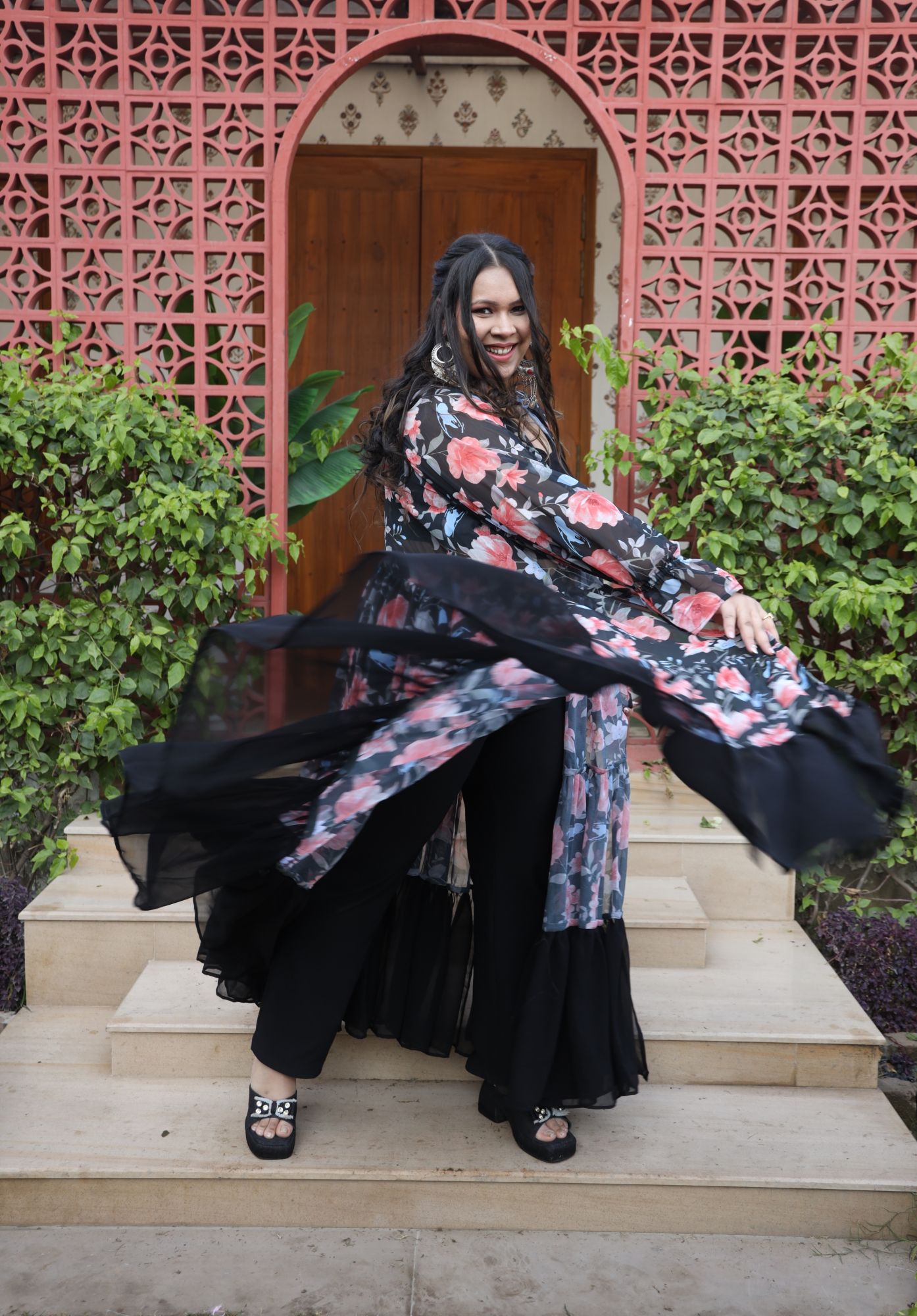 Black Floral Printed Georgette Flared Shrug