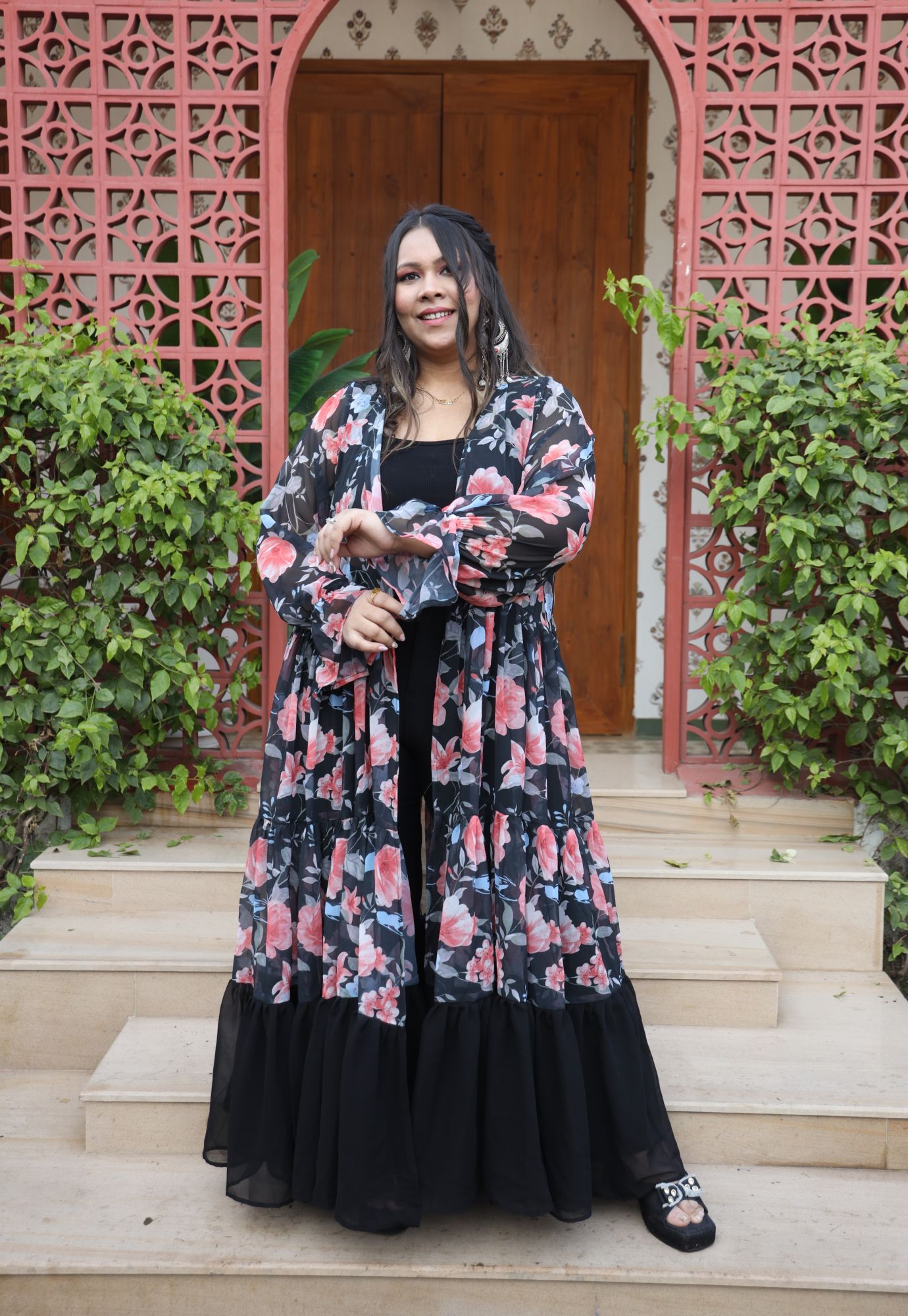 Black Floral Printed Georgette Flared Shrug