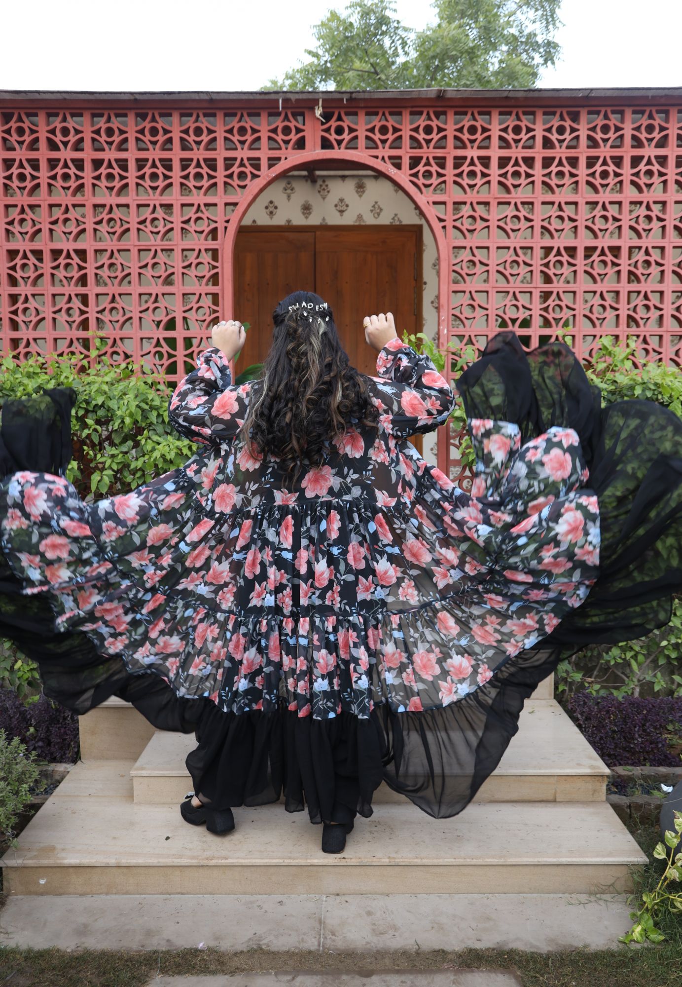 Black Floral Printed Georgette Flared Shrug