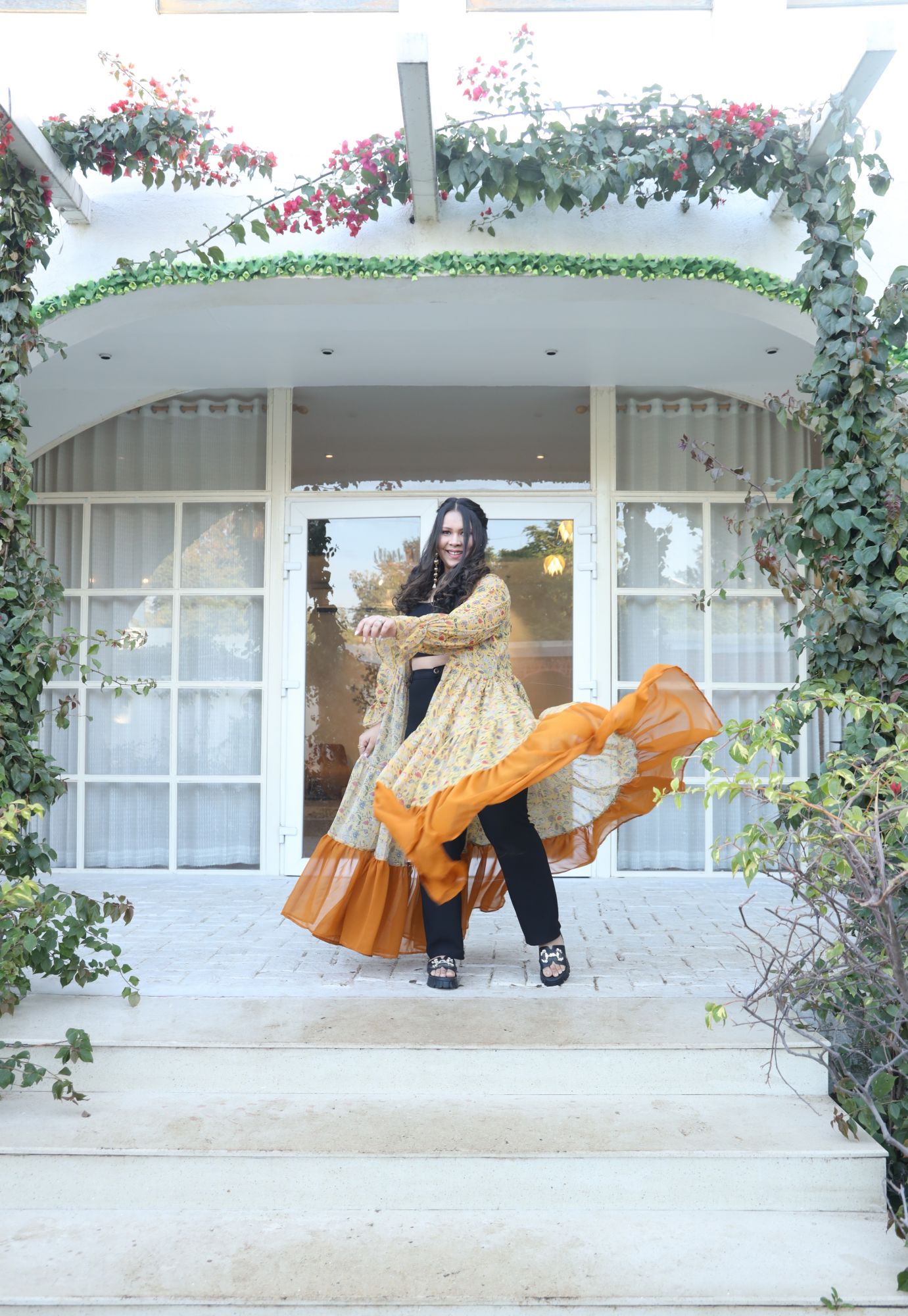 Yellow Floral Printed Georgette Flared Shrug