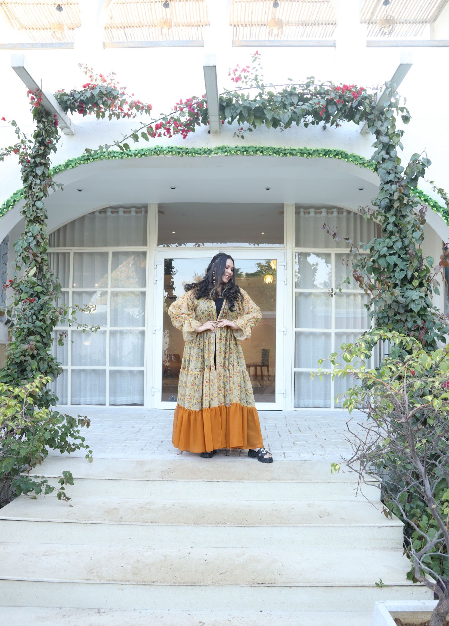Yellow Floral Printed Georgette Flared Shrug
