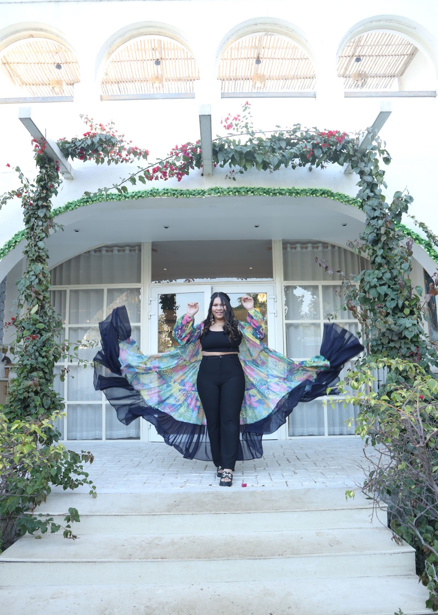 Navy Blue Abstract Floral Printed Georgette Flared Shrug