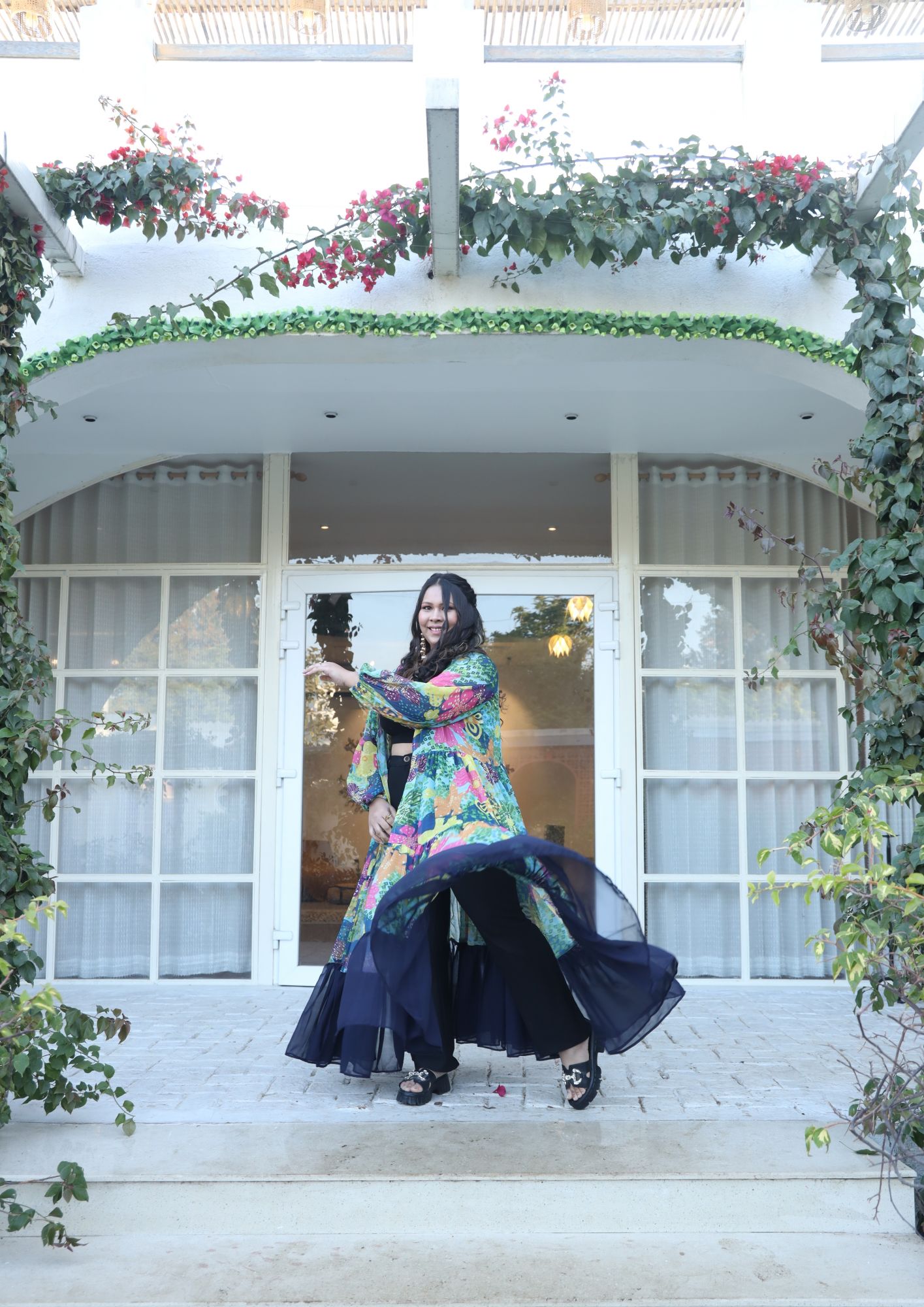 Navy Blue Abstract Floral Printed Georgette Flared Shrug