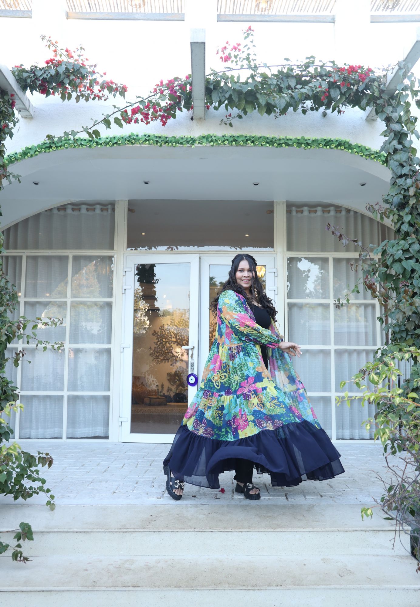 Navy Blue Abstract Floral Printed Georgette Flared Shrug