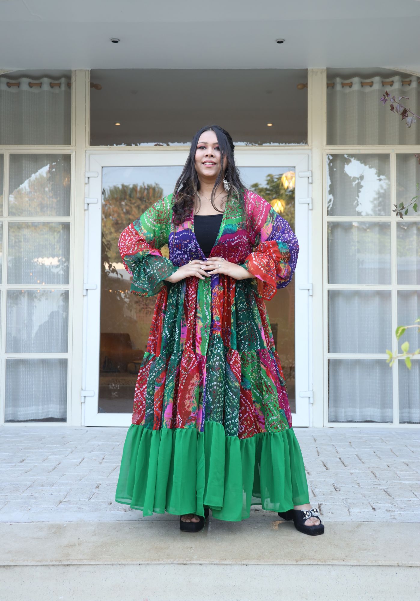 Colorful Bandhani Printed Georgette Flared Shrug