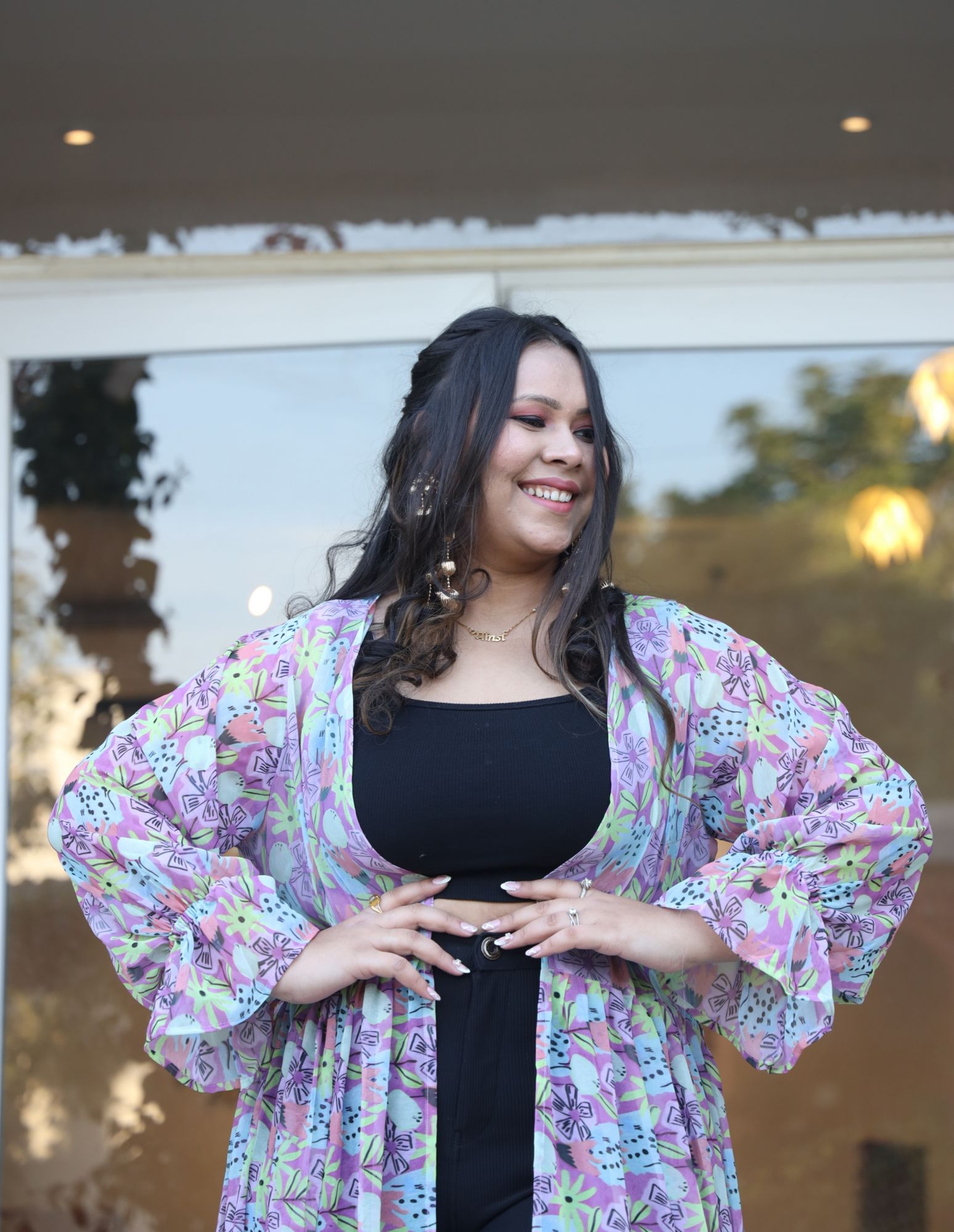 Colourful Lavender Floral Printed Georgette Flared Shrug