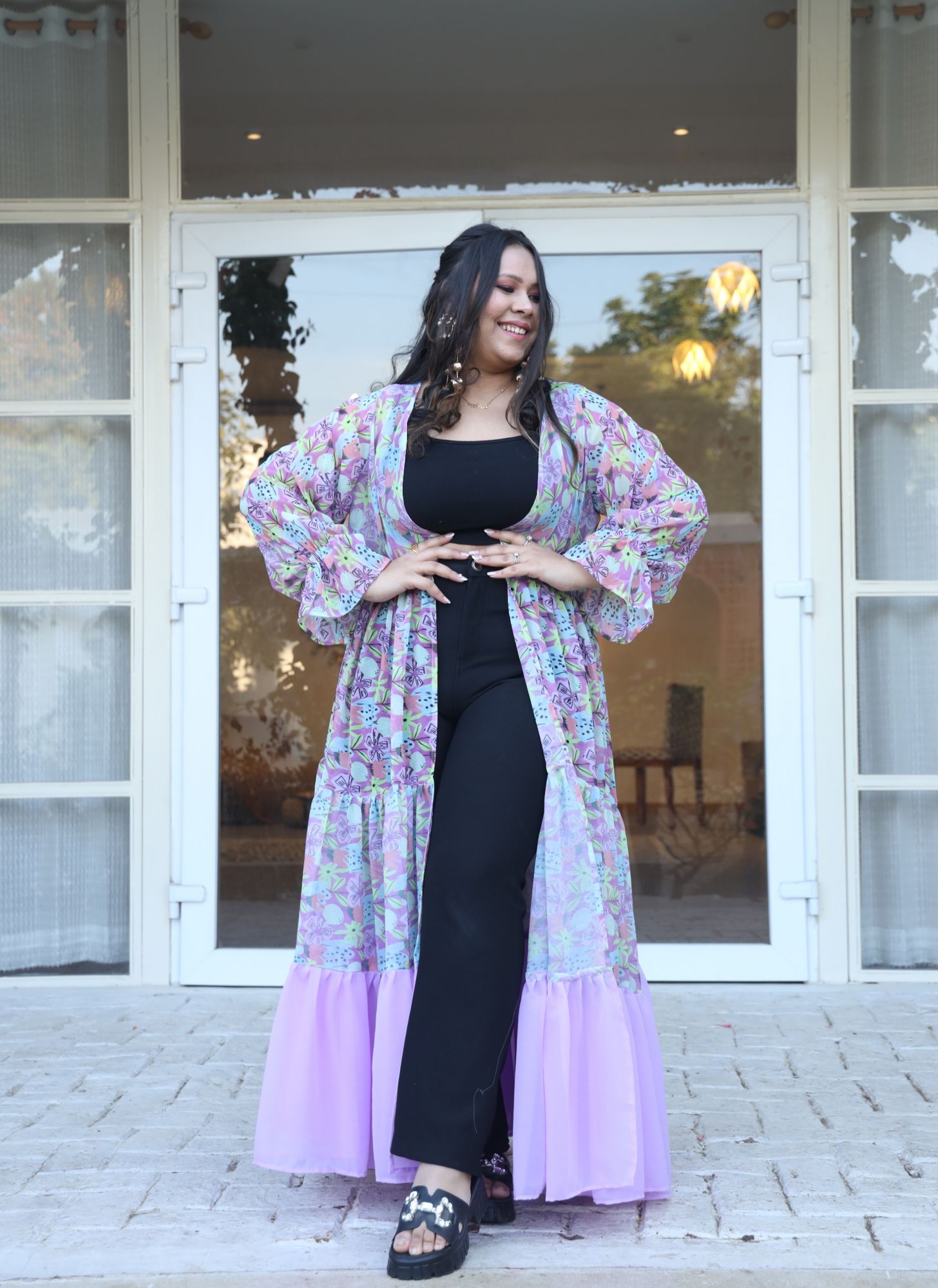 Colourful Lavender Floral Printed Georgette Flared Shrug