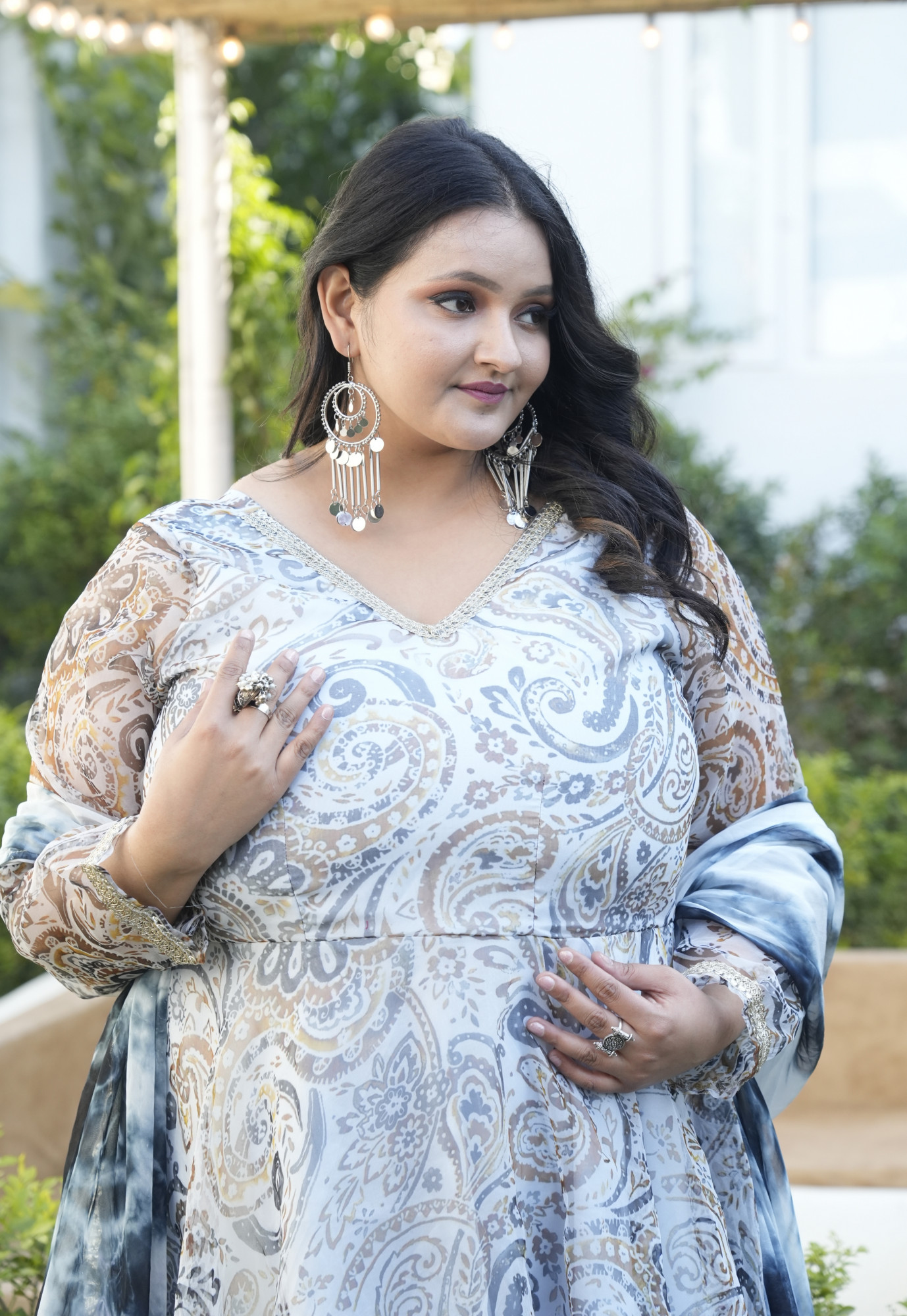 Black and White Paisley Orgenza Anarkali Set