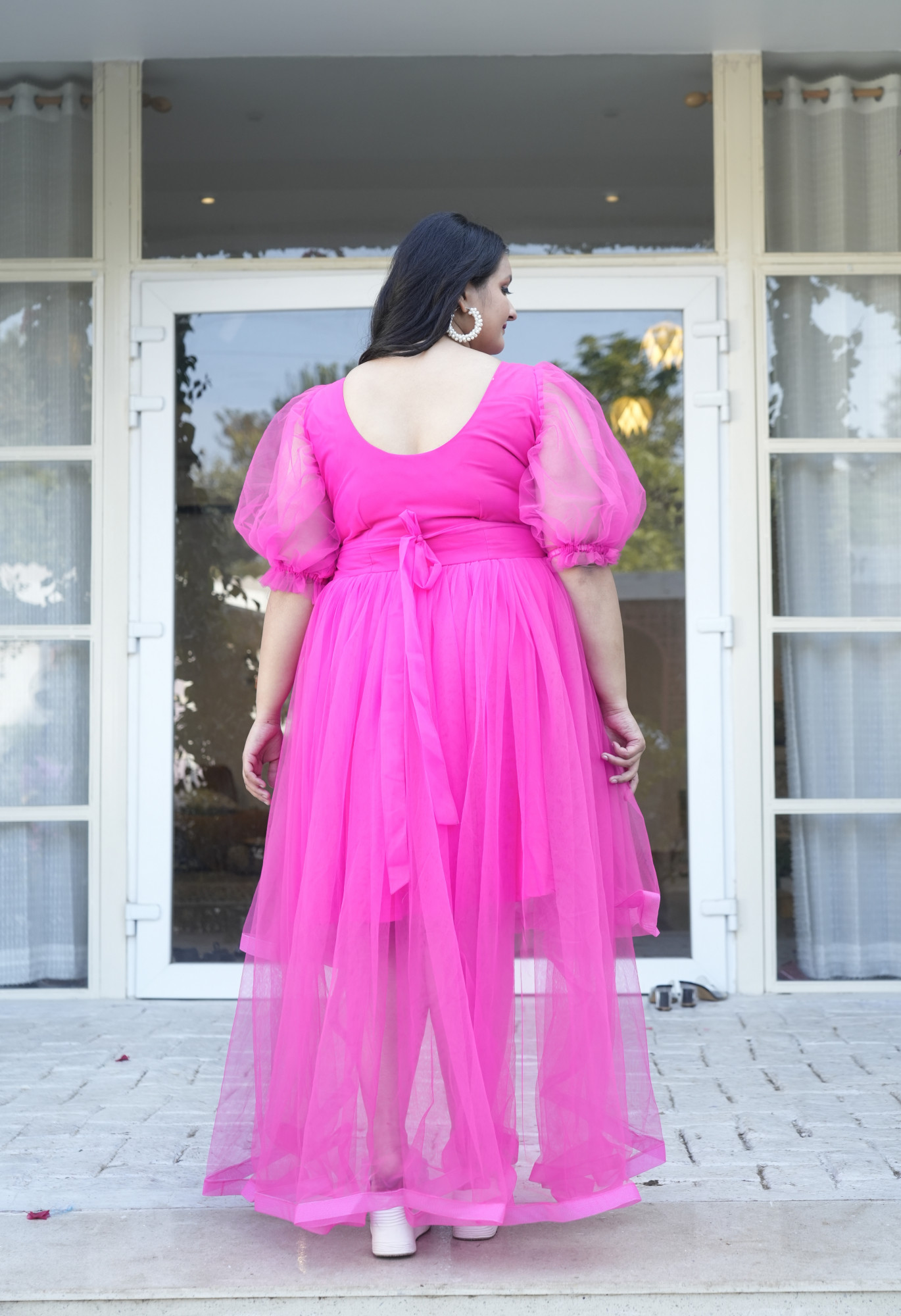 Hot pink up and down pearl dress