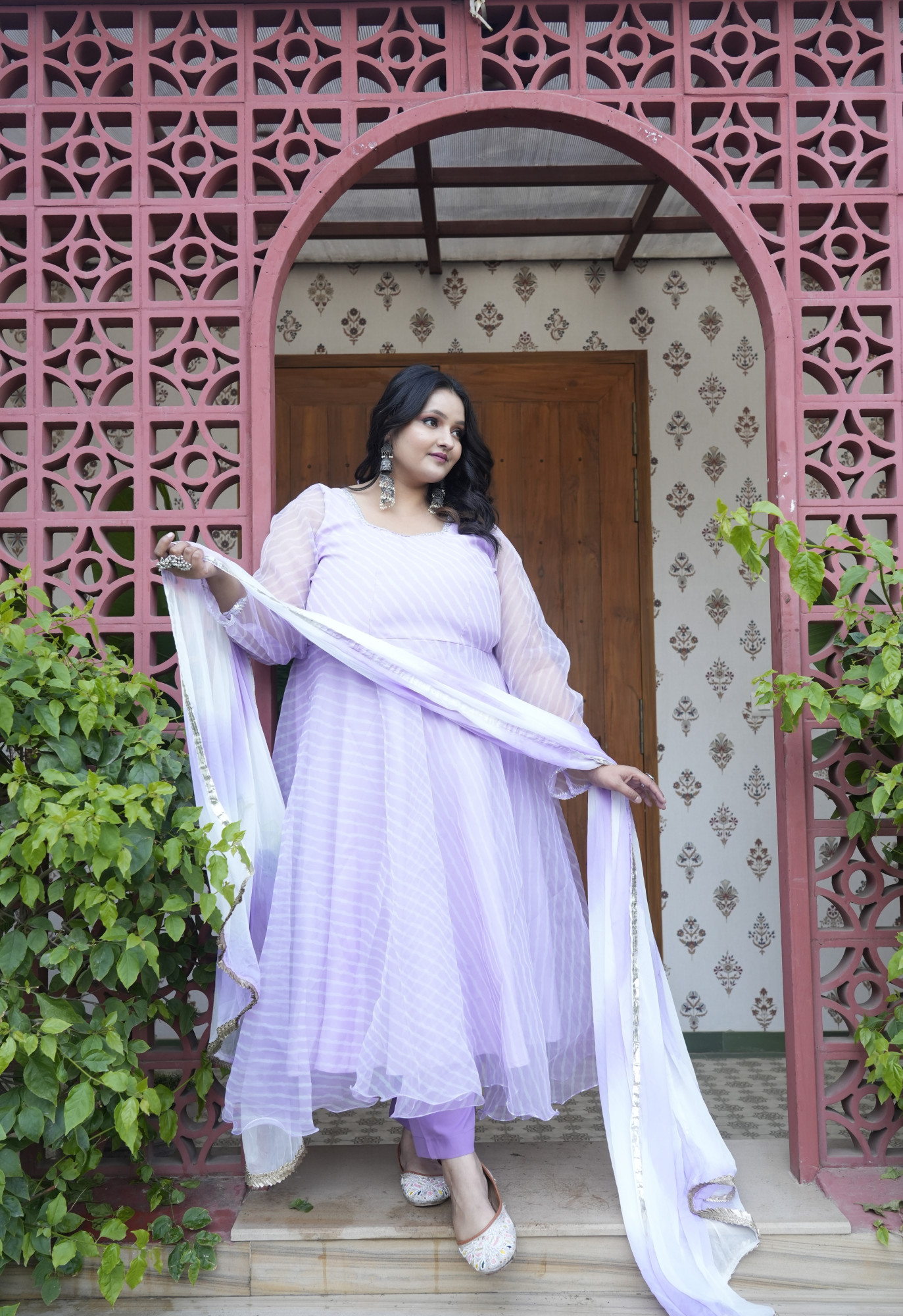 Meher Leheriya Lavender and White Orgenza Anarkali Set