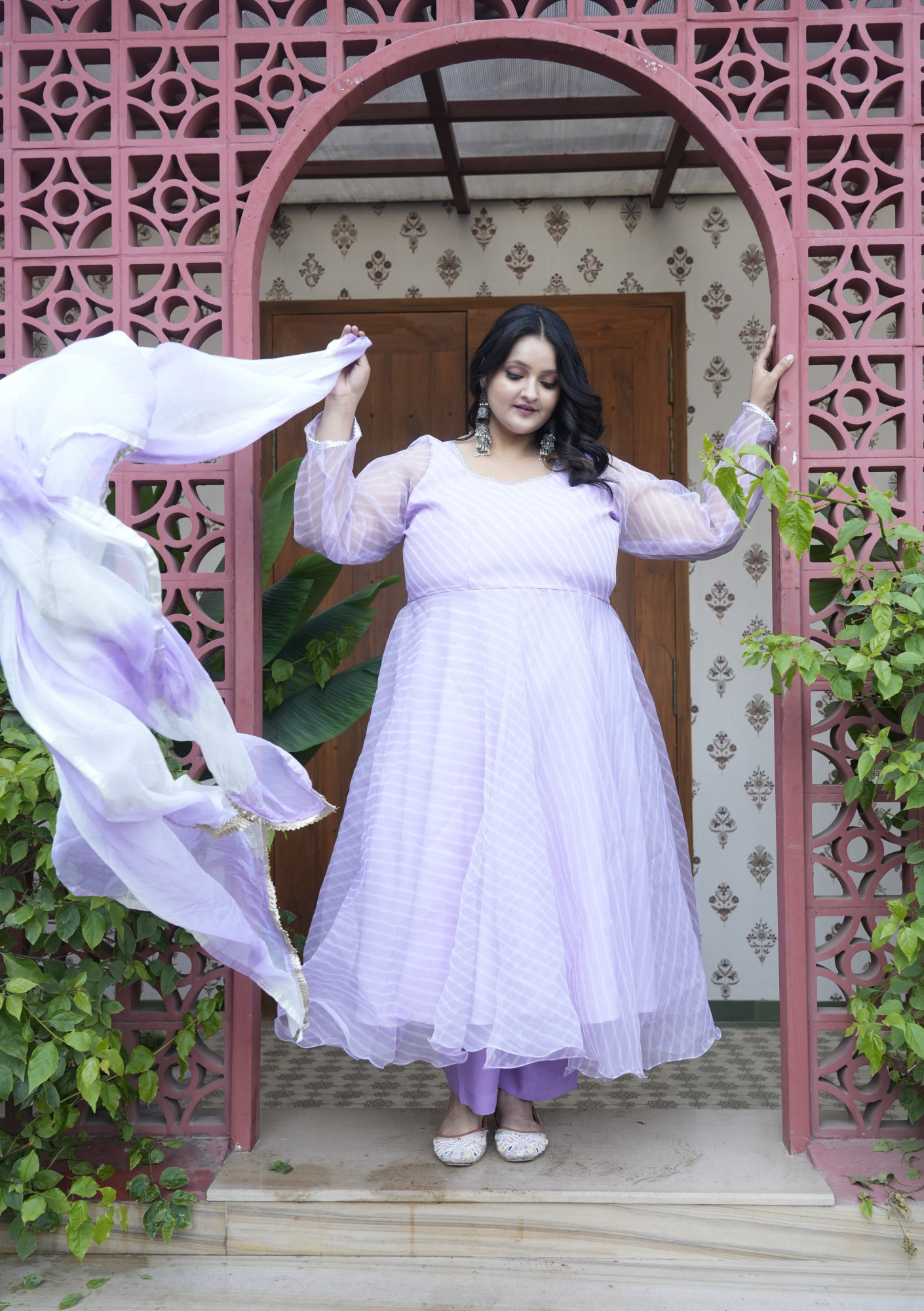 Meher Leheriya Lavender and White Orgenza Anarkali Set