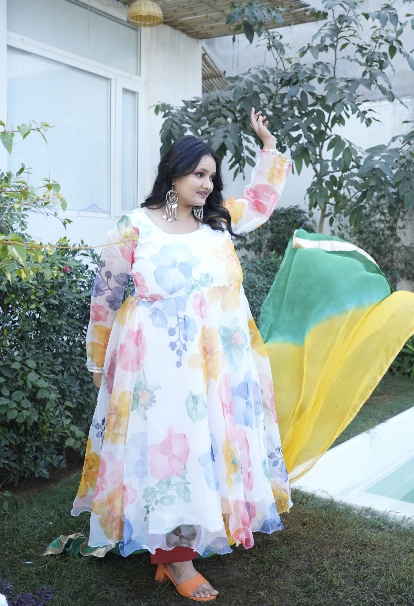 Pearl Perfection Colourful Floral Orgenza Anarkali Set