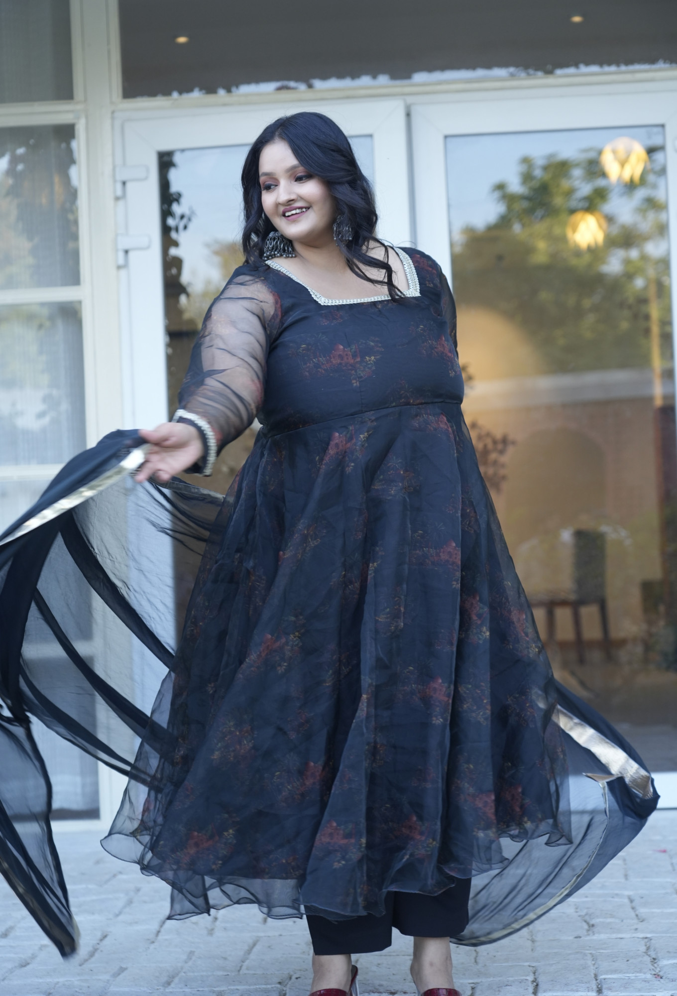 Black Taj Mahal Printed Orgenza Anarkali Set