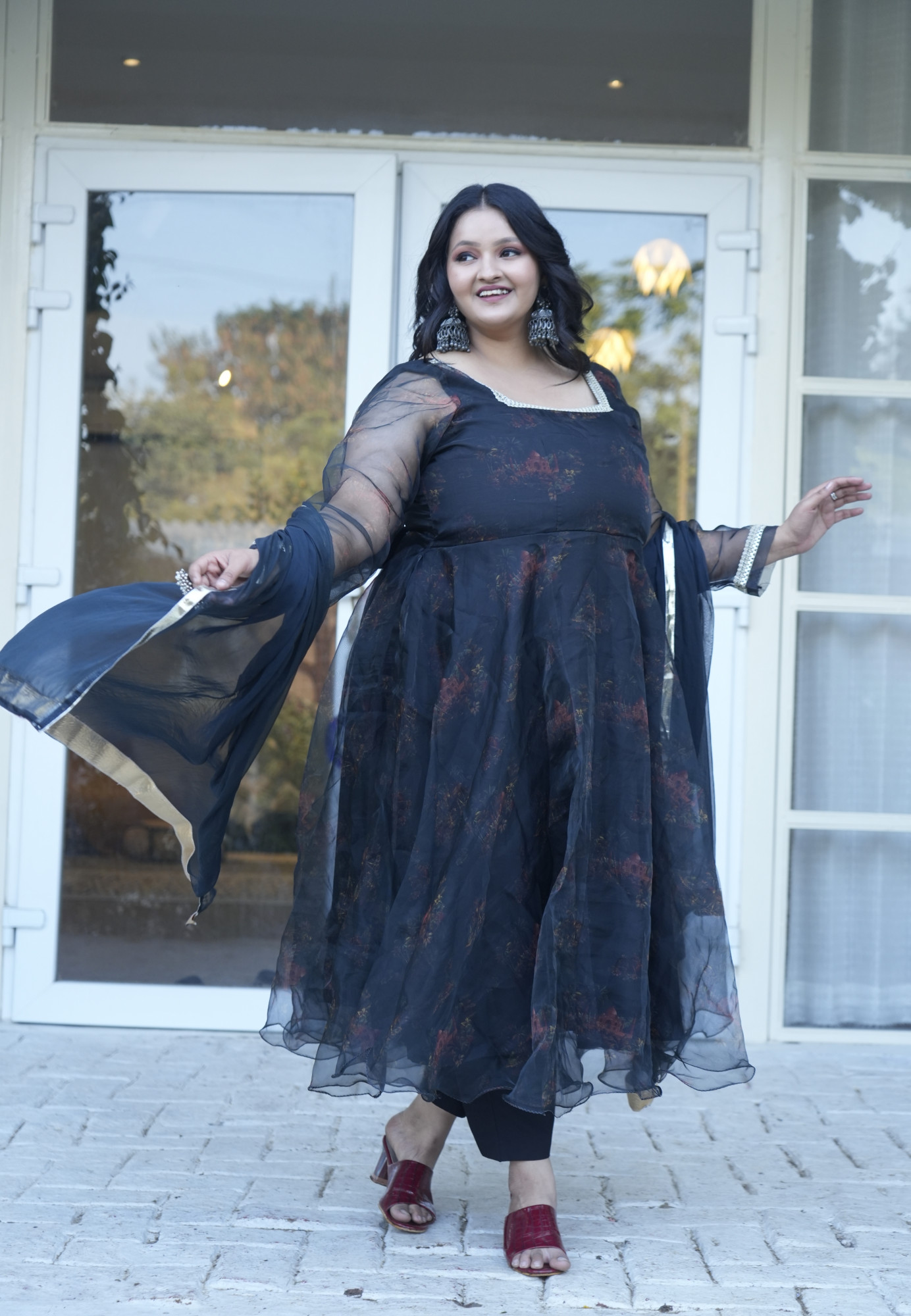 Black Taj Mahal Printed Orgenza Anarkali Set