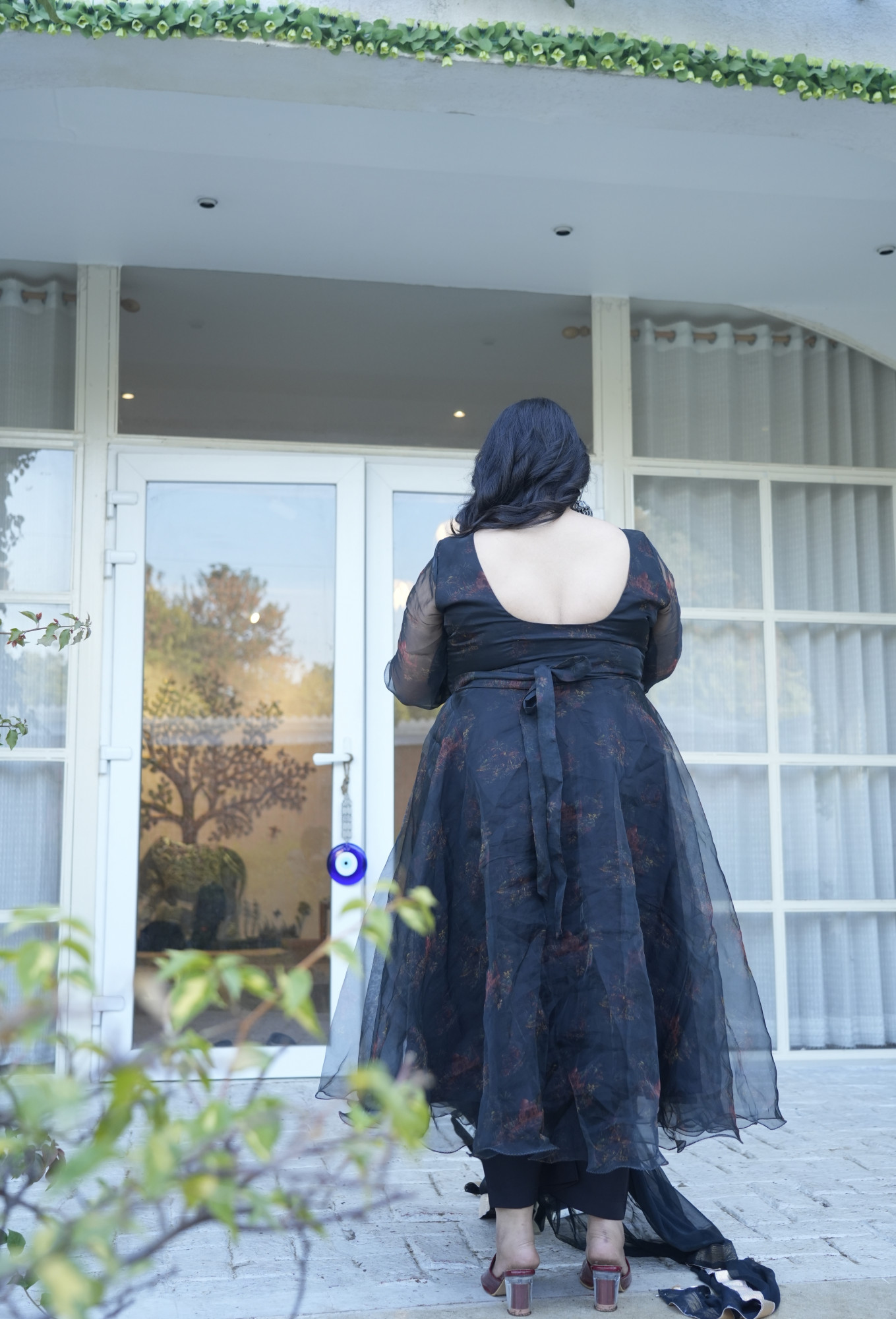 Black Taj Mahal Printed Orgenza Anarkali Set