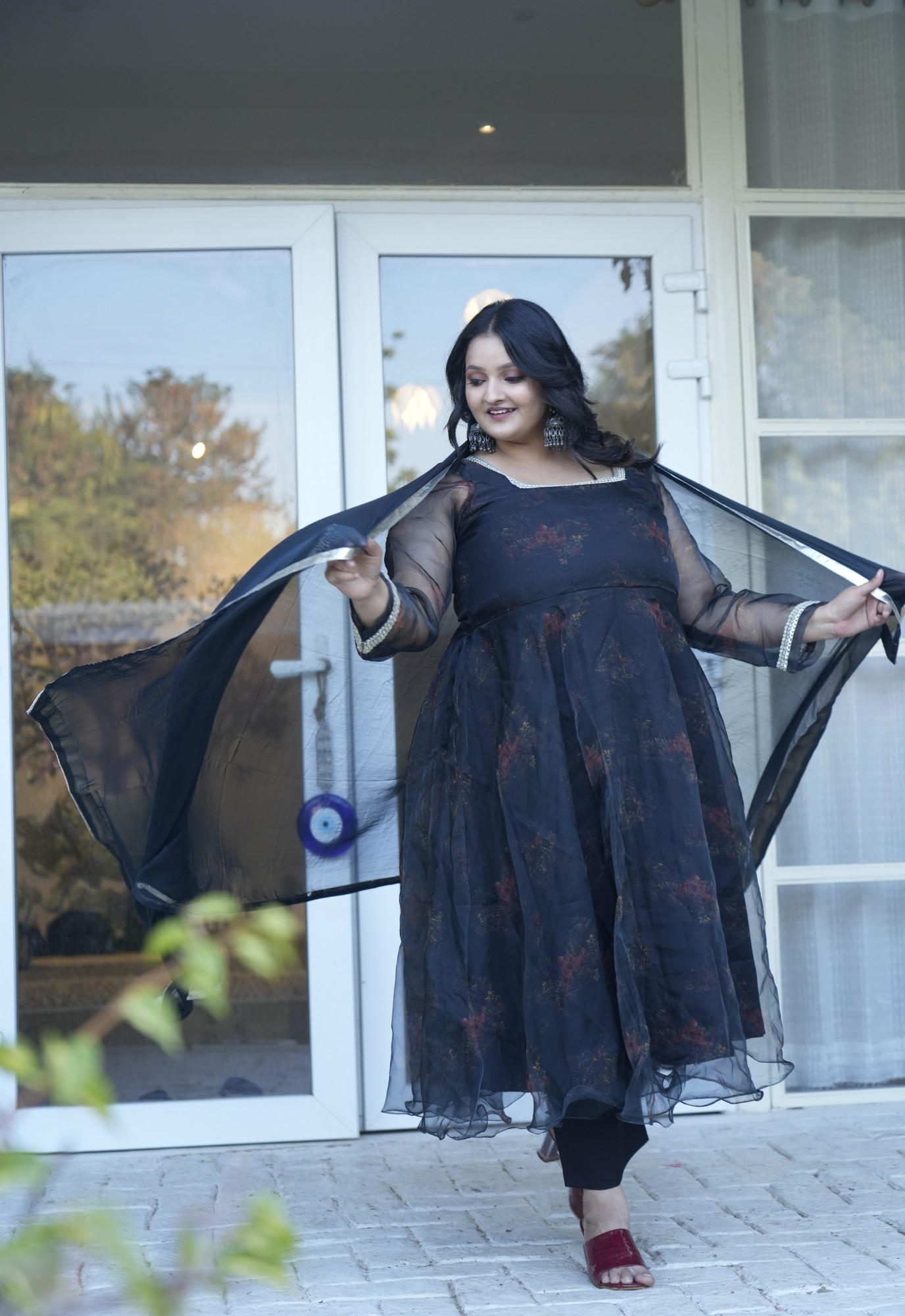 Black Taj Mahal Printed Orgenza Anarkali Set