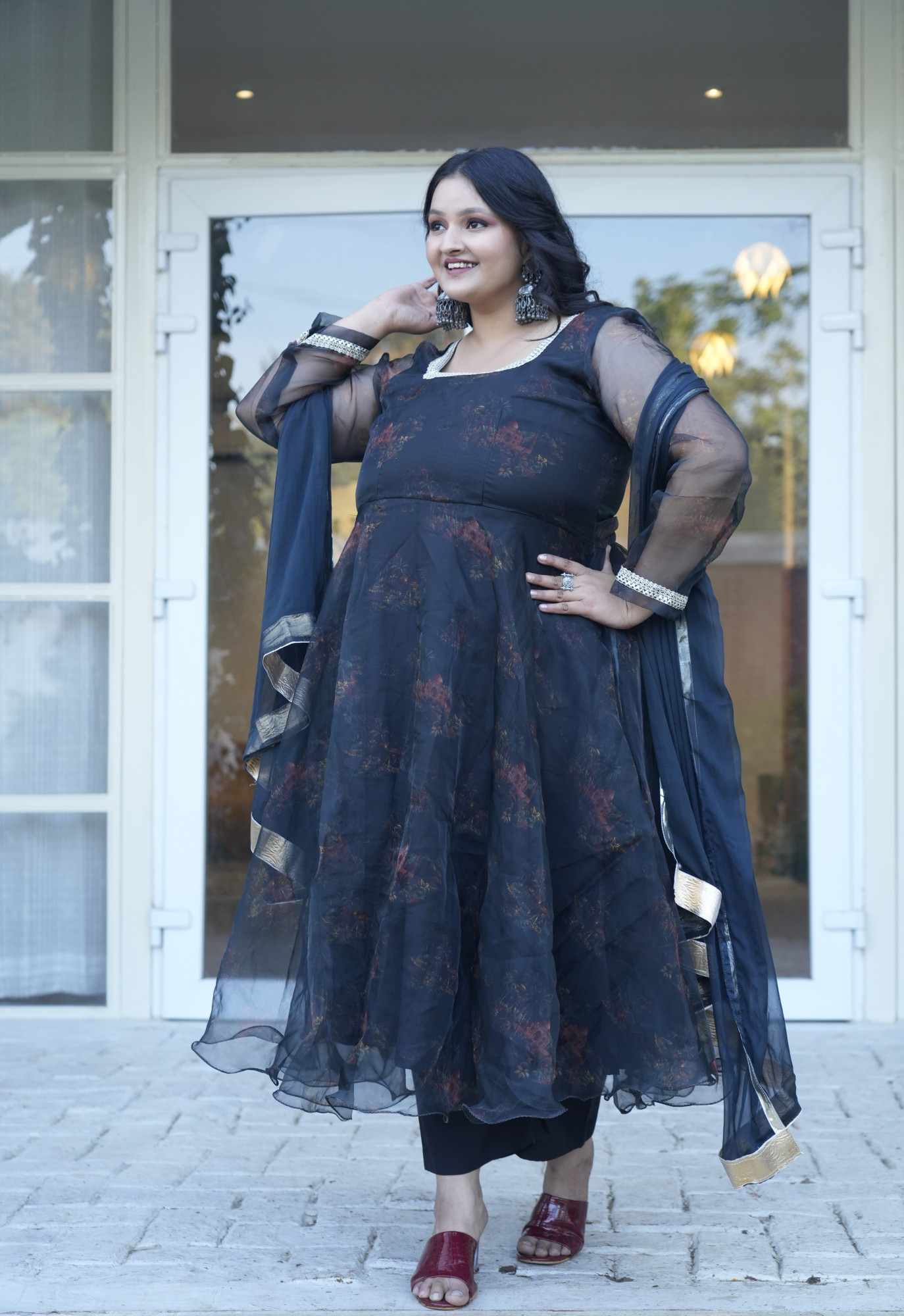Black Taj Mahal Printed Orgenza Anarkali Set