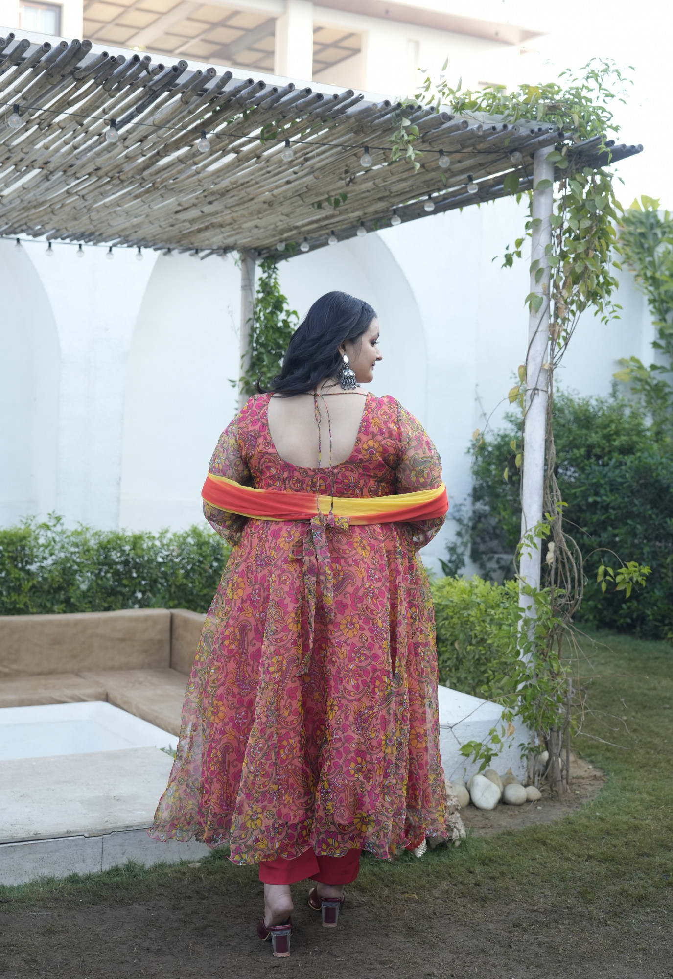 Tangerine Peacock Paisley Orgenza Anarkali Set