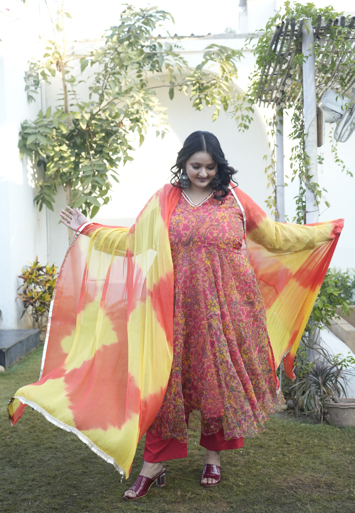 Tangerine Peacock Paisley Orgenza Anarkali Set
